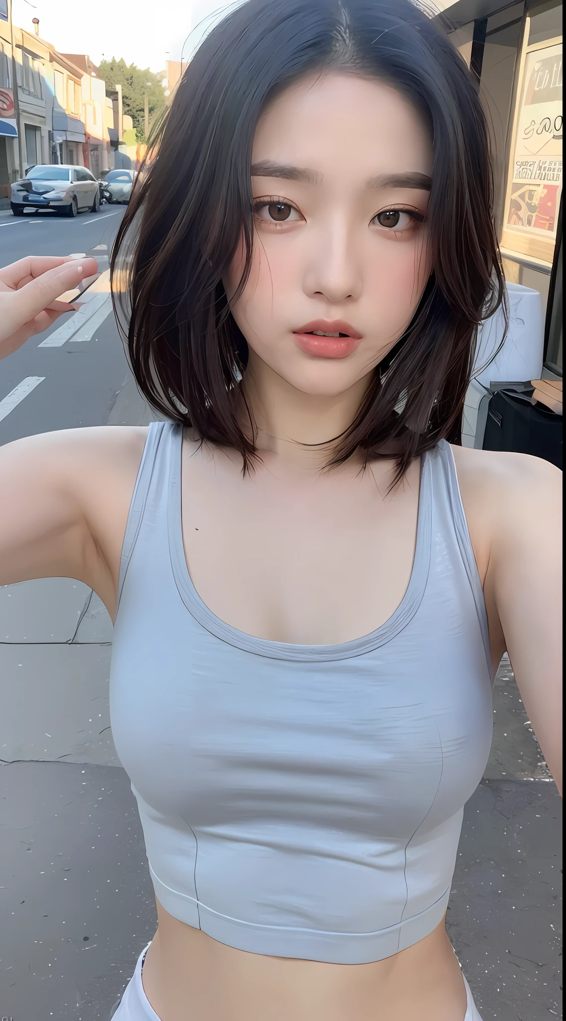 ((Best quality, 8k, Masterpiece :1.3)), Sharp focus: 1.2, Perfect Body Beauty: 1.4, Slim Abs: 1.2, ((Layered hairstyle: 1.2)), (Tank top shirt:1.1), (Street: 1.2), Highly detailed face and skin texture, Fine eyes, Double eyelids