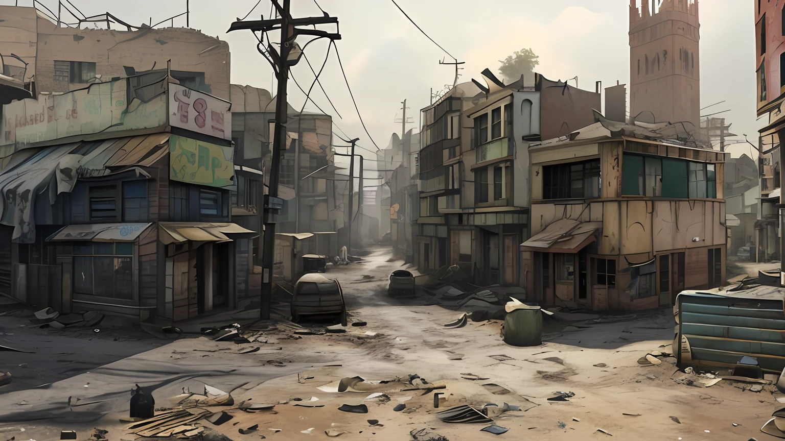 Alafeld City Street，Fork in the road，There are three intersections，There are many buildings and bell towers, post - apocalyptic city streets, screen shot of cod, dirty street background, hyper-realistic environment, Post-apocalyptic street, Gorgeous slum setting, destroyed city in background, steam workshop maps, dusty street, post apocalyptic district, realistic photo of a town
