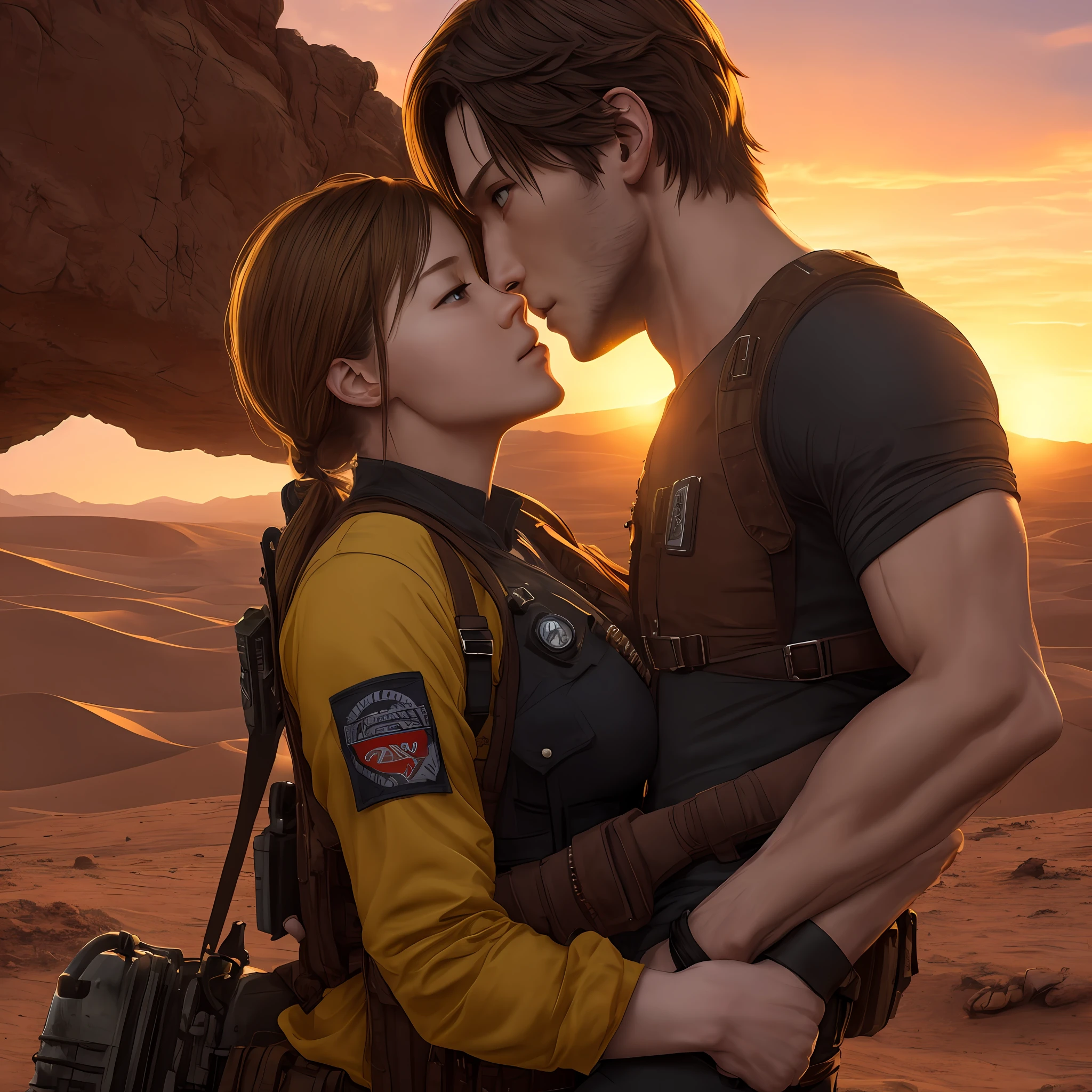 Resident Evil，Leon male，Holding Jill girl，deep kisses。Hold tight，Exposing the abdomen。Sunset desert in the background。Live action，cinematic ligh。 Warm yellow， --auto