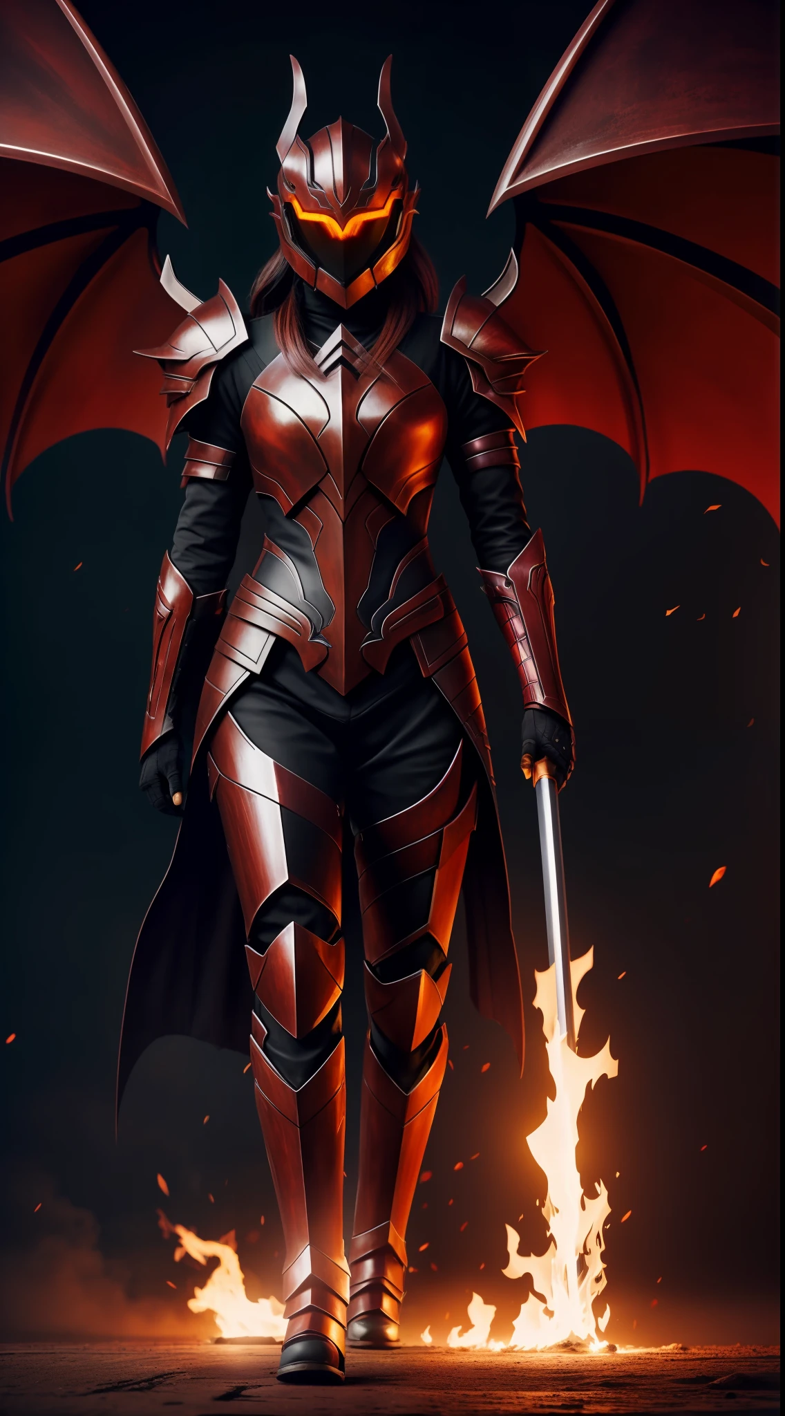 ember, in iron black armor with fiery patterns, Helmet in the form of a dragon, red-eyes, Large black wings glow with fiery light, Full-length 4K, higly detailed, Anime style.