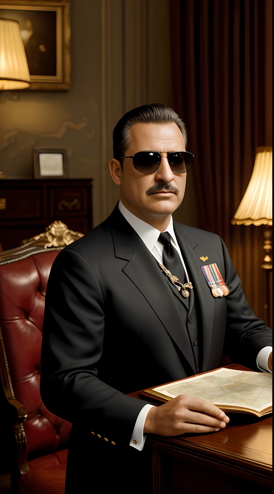 (masterpiece, high resolution, photo-realistic:1.3), middle-aged man, (black suit:1.2), (dark sunglasses:1.1), stern expression, advising South American dictator, ornate military uniform, medals gleaming, in a dark room, 1950s setting, vintage furnishings, dimly lit lamp, heavy curtains, detailed wooden desk, (old map:1.2), subtle sepia tones, intense atmosphere, side view, mid-discussion