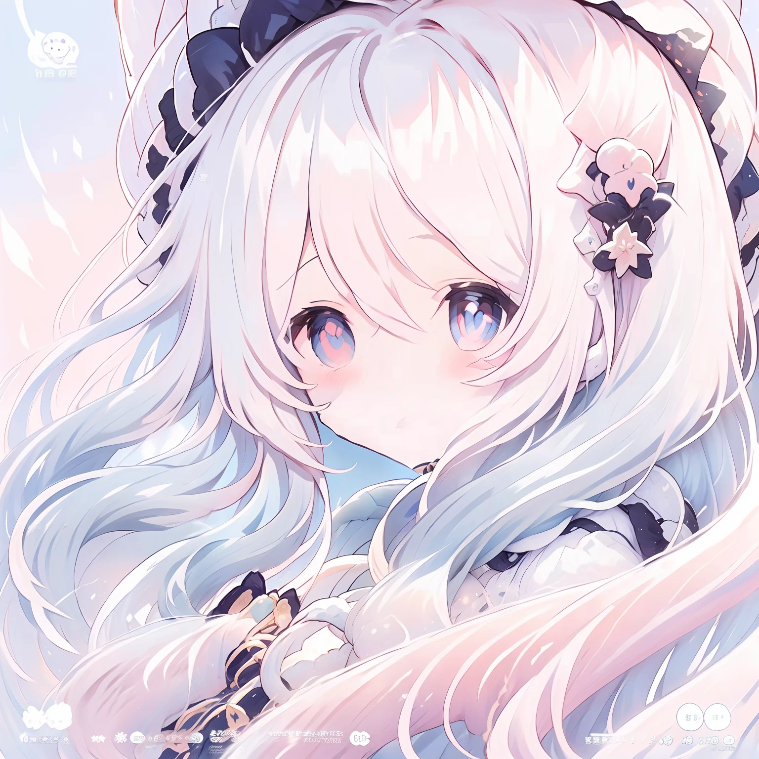 1girll， 独奏， Yuki Miku， long whitr hair， double tails， （blue  hair：1.2）， （whaite hair：1.1）， lightblue hair， （（gradient_hair）））， eBlue eyes， snowflake_print， snowflake_hair_ornament， Separate the sleeves， Fluffy sleeves，musical note hair ornament， frilld， a blue dress， White panty hose， japanses clothes，