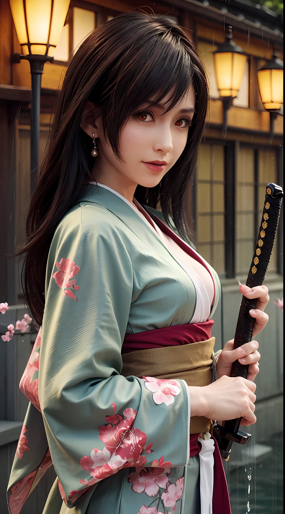(Masterpiece, high resolution, illustration:1.3), Fascinating schoolgirl, (Flowing russet hair:1.2), Emerald green eyes, (Traditional samurai costume:1.1), Sakura themed kimono, (Dual-wielding katana:1.3), Old stone paved streets, Tokyo in cherry blossom season, (Petals flutter in the rain:1.2), misterious ambience, (illuminated lanterns:1.1), Comfortable storefront, Traditional wooden house, (Tranquil water reflection:1.2), pensive expression, tranquil ambiance, Gentle raindrops, Diagonal composition, Top-down perspective, Fantastic color scheme, Poetic storytelling.
