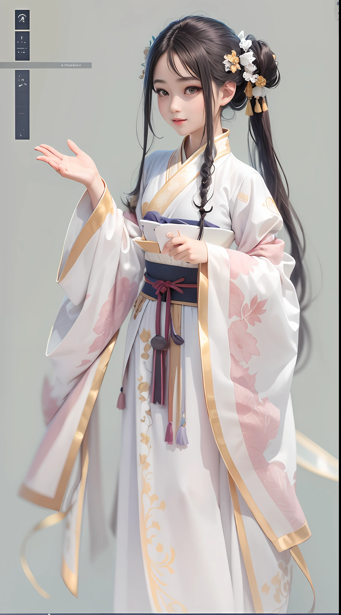 photograph realistic:1.3,detail texture,(best qualtiy),(tmasterpiece),super detailing,A high resolution, high qulity, Artificial human, 1 Hanfu loli, With a petite figure, The bust is small, Slim body type, White clothes in tulle(Hanfu),Fine patterns on clothes,jewelry, Perfect facial features,Close-up of facial features,The eyes are focused,Look to the audience and interact with the audience, cheerfulness, Delicate smile, Glossy glossy skin, Perfect body proportions, whaite hair, extra very long hair, Fluttering, floating, Remove excess legs,Remove excess hands,Remove excess feet, Scenes(Faraway view: 1.3), It seems to be dancing at any moment, Physical coordination,Back - Cartography, check(Wrong human proportions,Wrong proportions of limbs,Wrong hand-to-foot ratio,Wrong neck proportions,Describe the number of extra people other than that), check(Remove all text,Remove all numbers,Remove all text),3D, Quasi-dynamic, Light and shadow effects, dynamic angle, perfectly proportions,