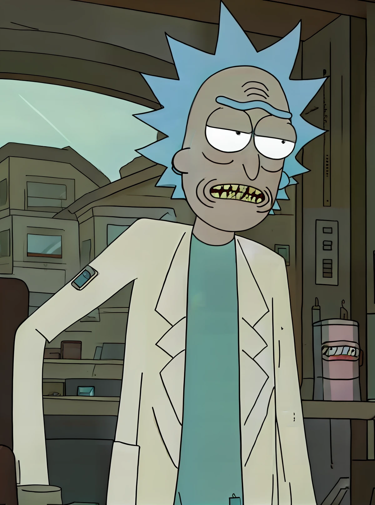 Make Rick Sanchez look sad, in a scenario full of technological equipment.