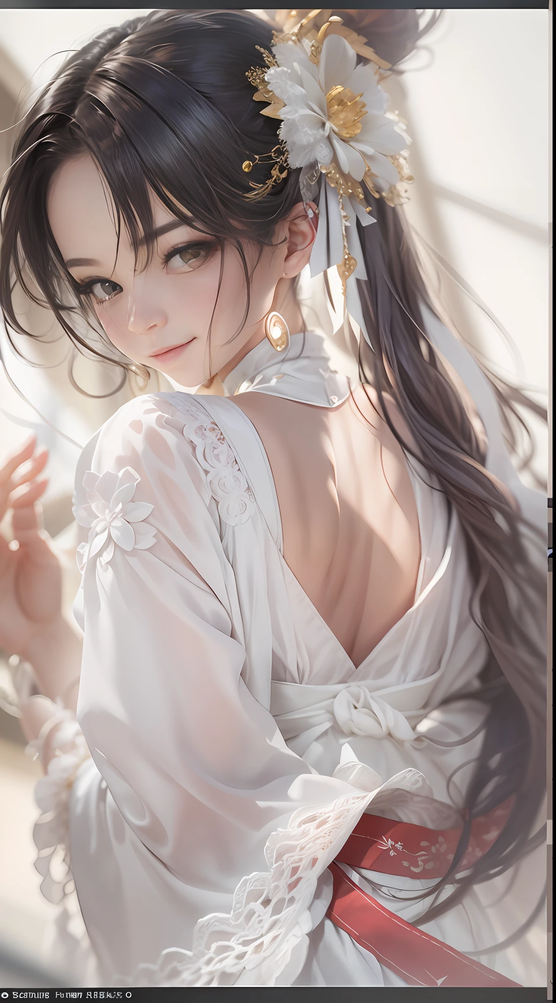 photograph realistic:1.3,detail texture,(best qualtiy),(tmasterpiece),super detailing,A high resolution, high qulity, Artificial human,
1 Hanfu , With a petite figure, The bust is small, Slim body type,
White clothes in tulle(Hanfu),Fine patterns on clothes,jewelry,
Perfect facial features,Close-up of facial features,The eyes are focused,Look to the audience and interact with the audience,
cheerfulness, Delicate smile, Glossy glossy skin, Perfect body proportions,
whaite hair, extra very long hair, Fluttering, floating,
Remove excess legs,Remove excess hands,Remove excess feet,
Scenes(Faraway view: 1.3), It seems to be dancing at any moment, Physical coordination,
Back - Cartography,
Adjust the conditions in the description,
check(Wrong human proportions,Wrong proportions of limbs,Wrong hand-to-foot ratio,Wrong neck proportions,Describe the number of extra people other than that,The character does not go out of the border),
check(Remove all text,Remove all numbers,Remove all text),
3D, Quasi-dynamic, Light and shadow effects, dynamic angle, perfectly proportions,