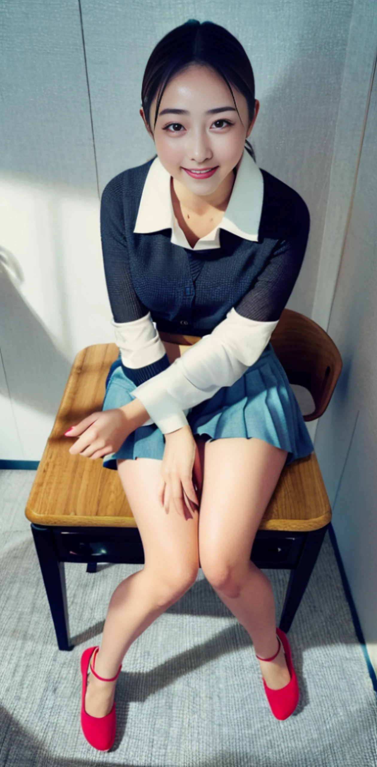 1girl in, Solo, breasts, up looking_で_viewer, Smile, Bangs, Skirt, Large_breasts, Shirt, long_sleeves, Sitting, Closed_Mouth, School_uniform, white_Shirt, pleats_Skirt, Open_Clothes, Collared_Shirt, Indoors, Open_Jacket, Blue_Skirt, arms are_support, from a_Above, Chair, Blazer, up looking_ass hole up, desk work, Bland_Legs, Hand_Bland_Legs, crass room, School_desk work, SUI_desk work, School_Chair, Sitting_SUI_desk work, Wearing red shorts, denim short pants, short in stature, short legs, japanese city street fashion, cute-style,