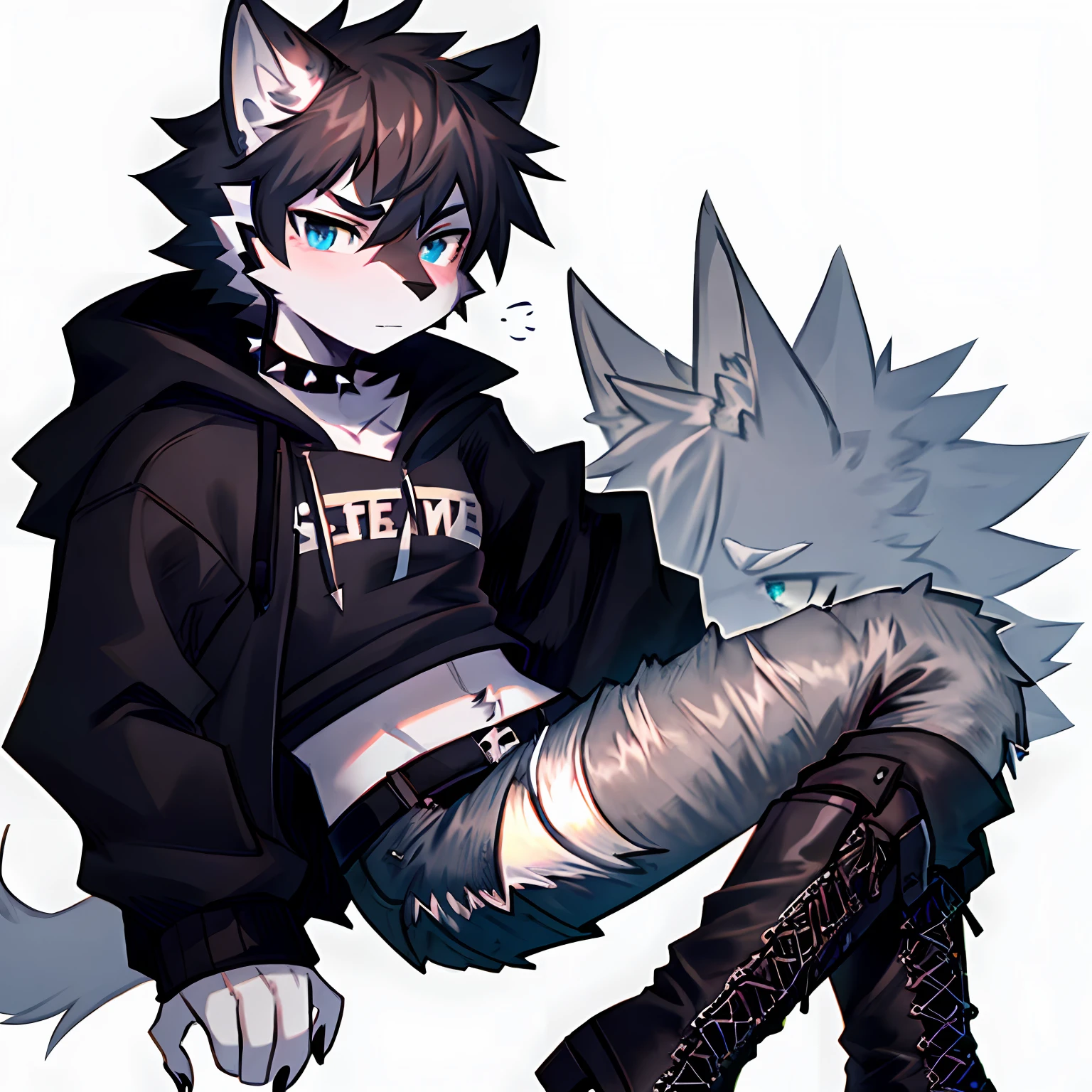 Cute Wolf,With Spikes Choker,Plain Black Sweatshirt,Ripped Jeans,Leather Boots,With Moody Expression
