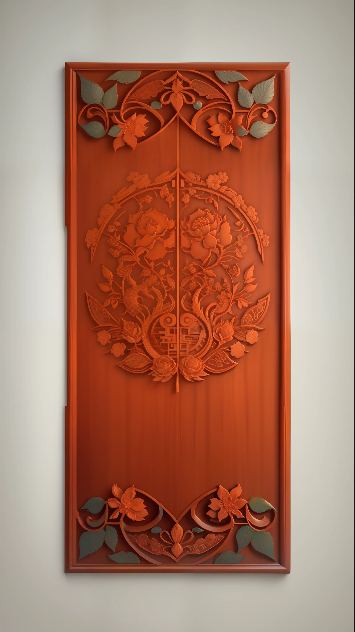 Beautiful Chinese mahogany symmetrical decorative ornament with classical floral elements emanating from center of design, woodcutting template, decorative design, classical ornament, motif, bilateral symmetry, roses, leaves, flowers, buds, flowering buds, feathers, negative space, highly detailed etching