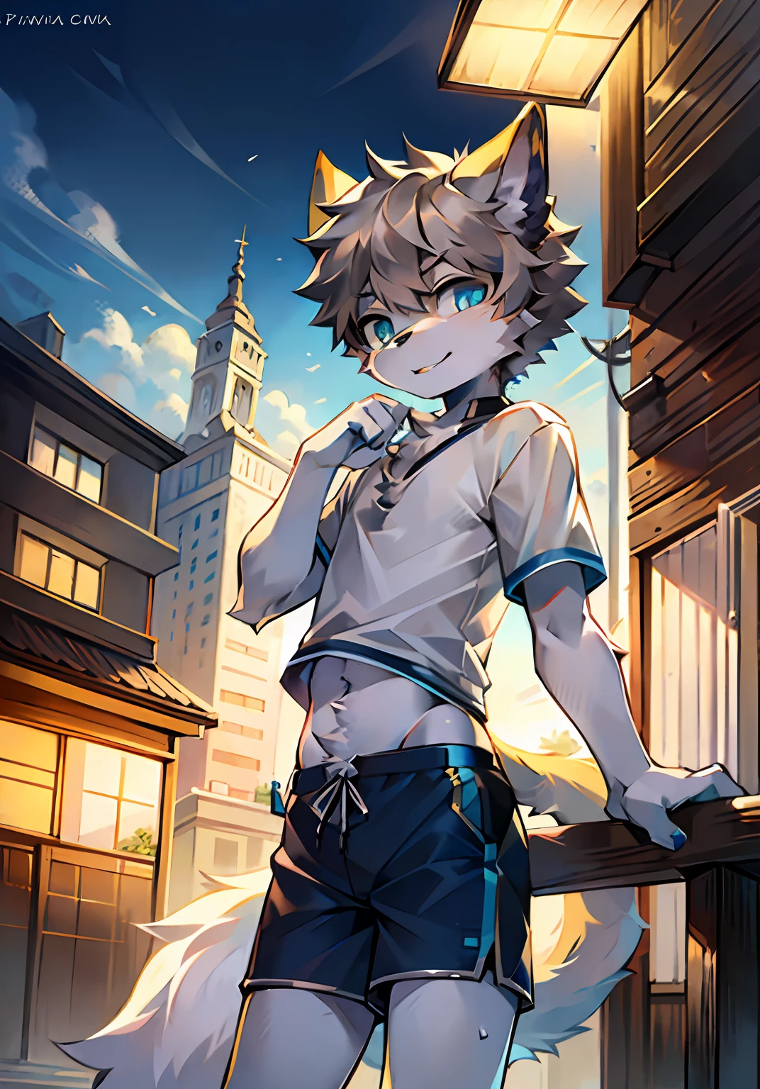 bright eyes, panorama, character focus solo, furry, furry male cat, male yellow-white fur, blue eyes, gray hair (long), wearing blue shorts and shorts, casual clothing, young style, height one meter seven, handsome, has a tail,