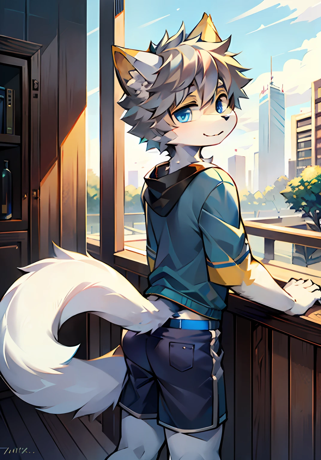 bright eyes, panorama, character focus solo, furry, furry male cat, male yellow-white fur, blue eyes, gray hair (long), wearing blue shorts and shorts, casual clothing, young style, height one meter seven, handsome, has a tail,