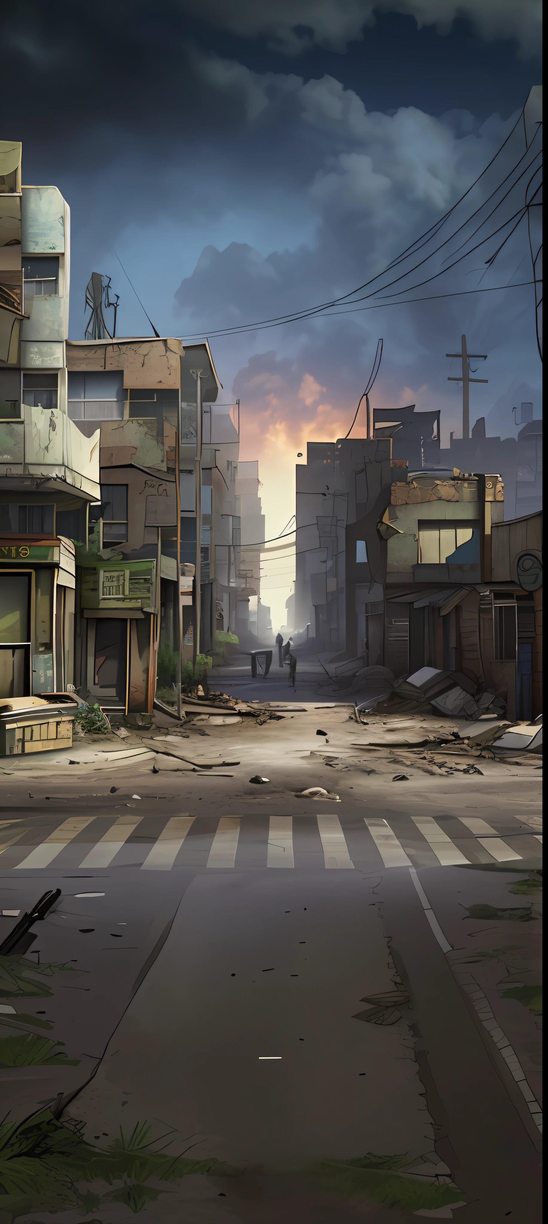 Alafeld City Street，Fork in the road，There are three intersections，There are many buildings,  Doomsday city streets, screen shot of cod, dirty street background, hyper-realistic environment, Post-apocalyptic street, Gorgeous slum setting, destroyed city in background, steam workshop maps, dusty street, post apocalyptic district, realistic photo of a town