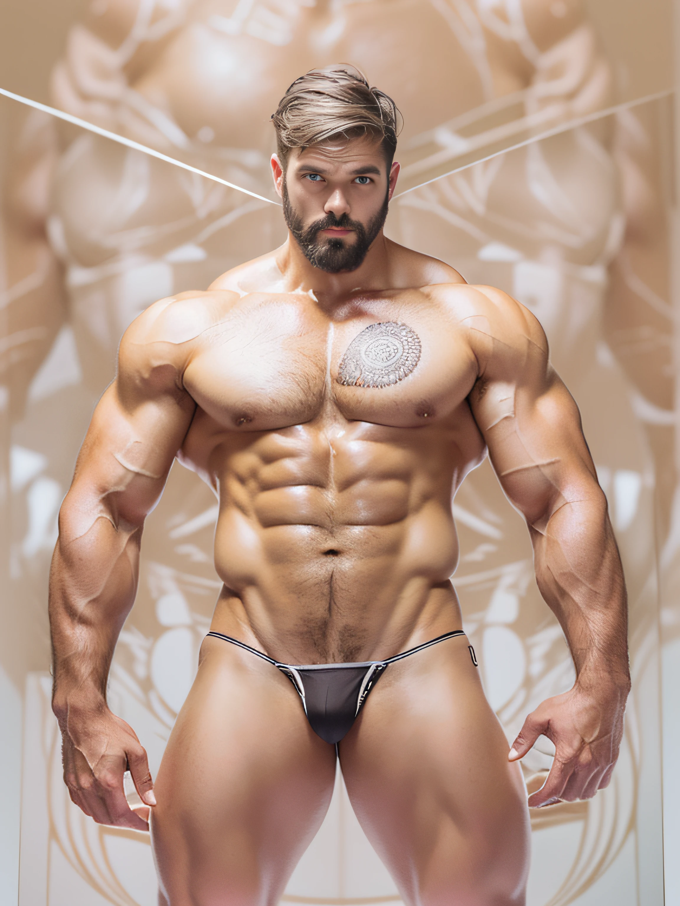 (Masterpiece, Best quality, offcial art, Aesthetic: 1.2), (Super detail), (Clear plastic pliers: 1.2) ((Short hair, Short beard: 1.3)) ((Short hair, Muscular 32 years old: 1.3)) Fine details, Most Best Illustration, hand-drawn high quality, (High contrast), (Clean lines: 1.3), (Naked muscle masculinity art), Line drawing, (Complex lines), Clear lines, Fractal art, , , (full-body portraits, see-through thong, Extreme close-up: 1.1), (Muscular man, White transparent thong: 1.4) (Continuous golden desert Gobi background: 1.3), The perfect feature of a supermodel, whole body show (Short hair, beard stubble), Thong boy, Surround composition, Perfect chest and abs, Mysterious night, Extremely provocative and sexy (Add details), (Detailed background: 1.2), (core,), high resolution, Extreme detail ((Super art, Wear only a pair of white transparent thongs, Internal genital structures can be seen: 1.3)) ((Full body display, Extreme detail display: 1.2))