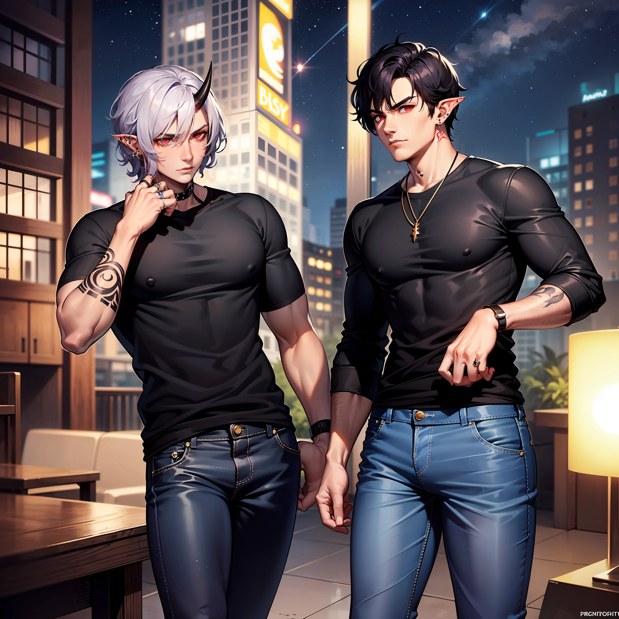 Handsome male, purple hair, short hair, wavy hair, detailed body, detailed hands, horns, expressionless, arrogant expression, red eyes, roman nose, almond eyes, baggy T-shirt, black shirt, blue denim jeans, cocky, nightfall, starry sky, handsome, bushy brows, pointy ears, ear piercings, rings, good looking, tattoos, dark skin, brown skin, charming, good quality, long hair, huge bulge in pants, veiny arms and hands, black denim jeans, manly