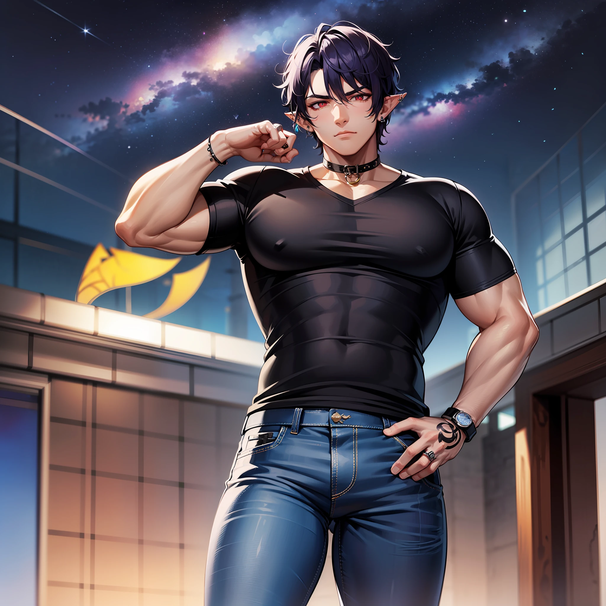 Handsome male, purple hair, short hair, wavy hair, detailed body, detailed hands, horns, expressionless, arrogant expression, red eyes, roman nose, almond eyes, baggy T-shirt, black shirt, blue denim jeans, cocky, nightfall, starry sky, handsome, bushy brows, pointy ears, ear piercings, rings, good looking, tattoos, dark skin, brown skin, charming, good quality, long hair, huge bulge in pants, veiny arms and hands, black denim jeans, manly