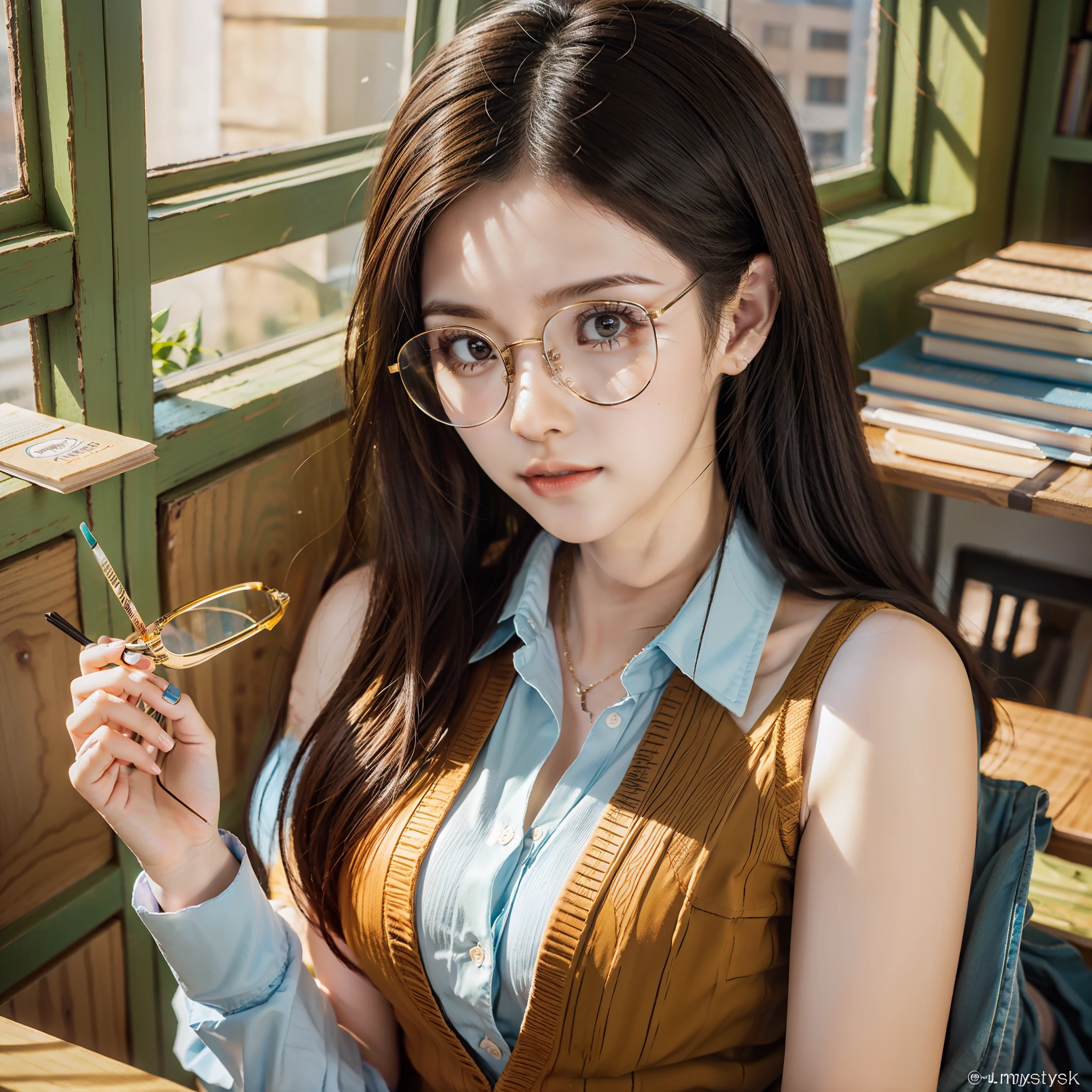 (character details + style) female teacher, (detail) half-body, holding glasses frames, (lens effect + lighting + scene) light and shadow interlaced, by the window, the sun is warm, bookshelves are dazzling, students' desks are scattered with teaching stationery and textbooks, classroom air is fresh, black JK