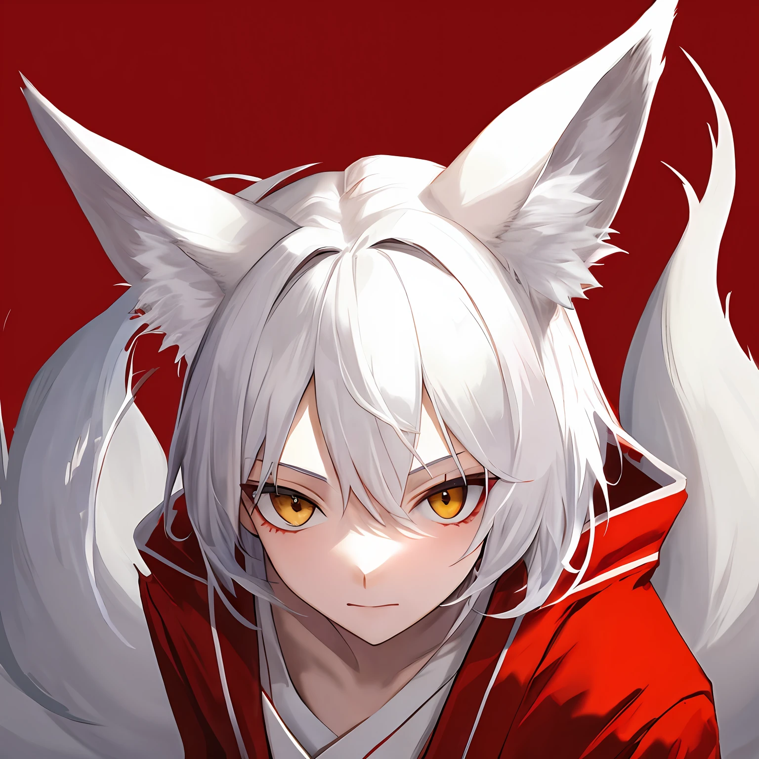White fox demon,Wear a red kimono,The forehead has a red pattern