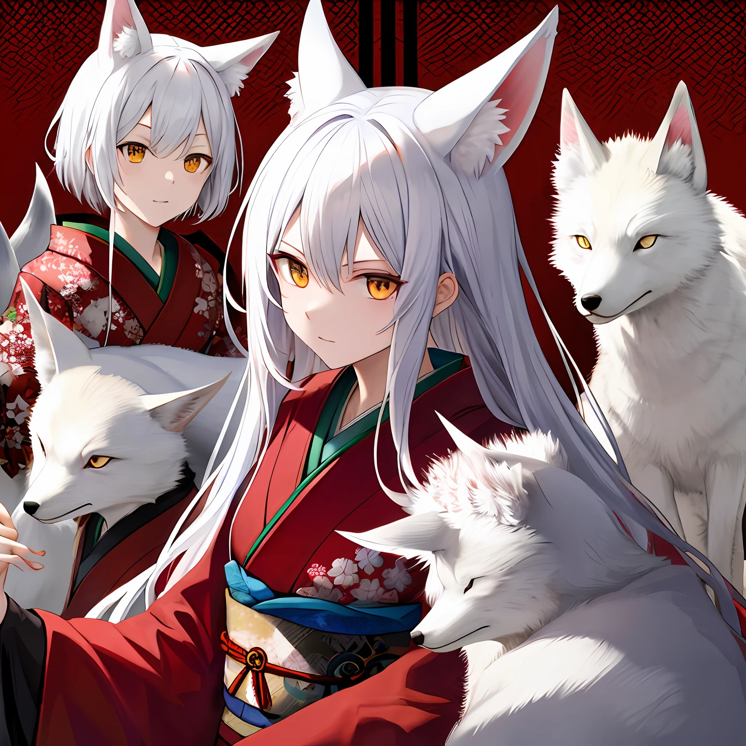 White fox demon，Wear a red kimono，The forehead has a red pattern
