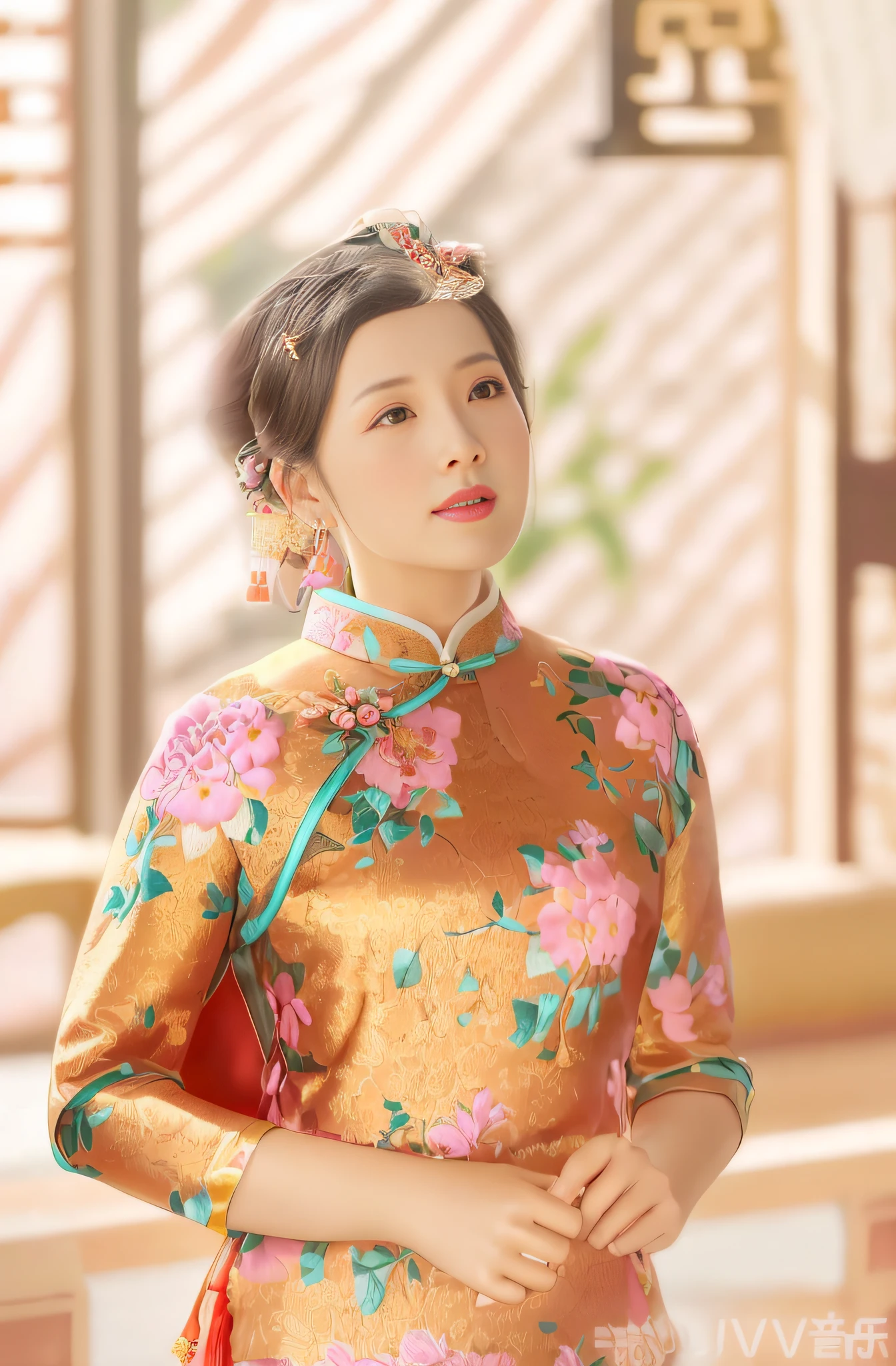 Wearing a floral dress,Arad woman with pink bow tie, Chinese woman, Traditional Chinese clothing, Cheongsam, inspired by Yao Tingmei, with acient chinese clothes, Chinese traditional, Inspired by Tang Yifen, inspired by Gu An, An Asian woman, inspired by Yun Shouping, inspired by Cui Bai, Wearing ancient Chinese clothes --auto