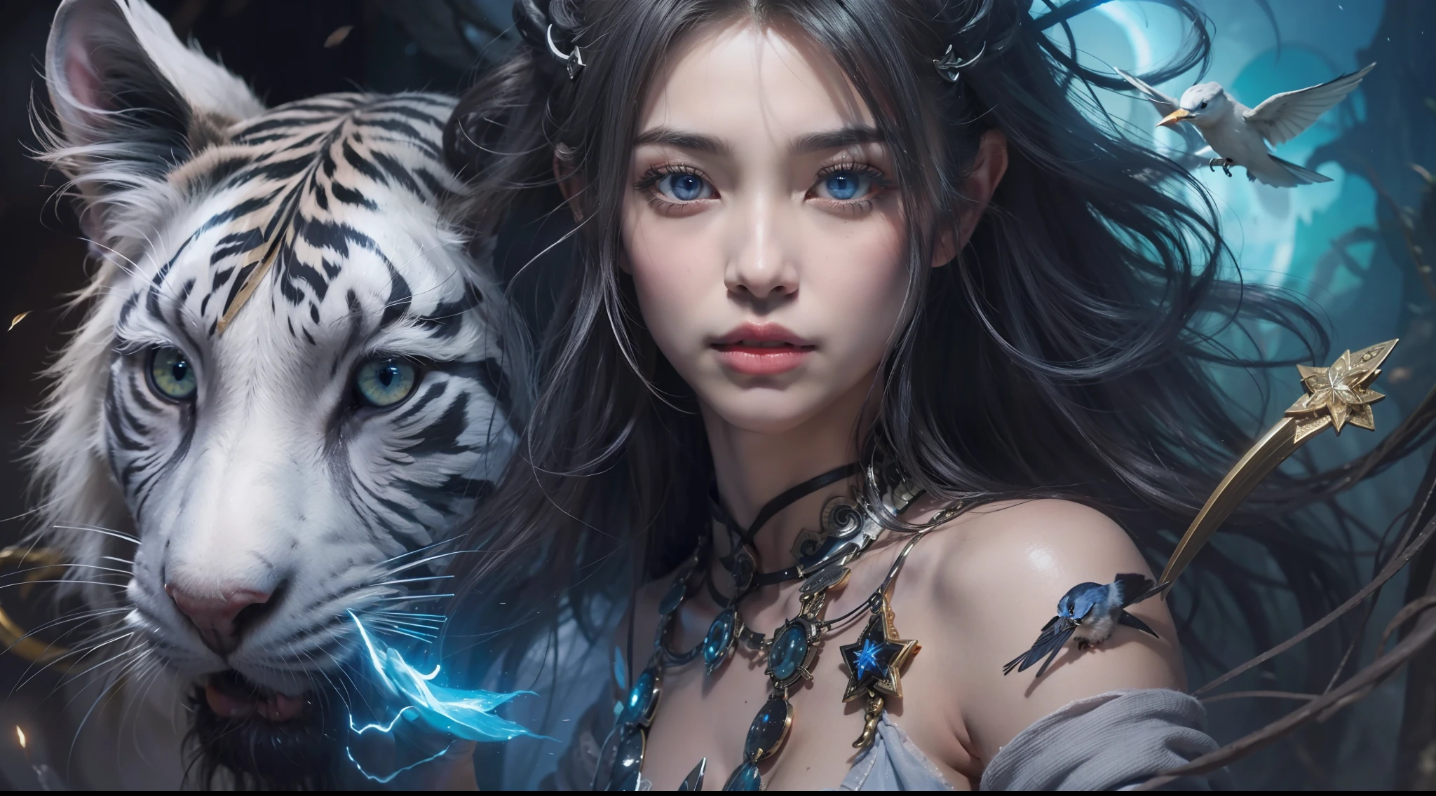 Magic Book,Blood,Night, Dark, (Fantasy),infinite,deep blue sky,The abyss of knowledge,Cowledge,((masutepiece)), (((Best Quality))),((Beautiful fine eyes)),(Eye lashes)、Beautiful girl riding a white tiger、(女の子1人)、Perfect human body structure、Black hair、The long-haired、abyss eyes、glowy skin、oils、small tits、(Bird body、pluma)、Wizard robes、tattered cloth、Realistic coat、Teenchi、elvish、Super delicate CG Unity 32k wallpaper、​masterpiece, ((ultra-detailliert)), ((illustratio)),colourfull,wall-paper,The energy,Unknown terror,Incomprehensible,Around the magic,Magical surroundings,magic wands,Boken,Flying pages,Know everything,Predict the future、Get to know the past、Infinite wisdom、blue flames、Warlock、magic circles、Pentagram、Spells、mantra、Singing magic