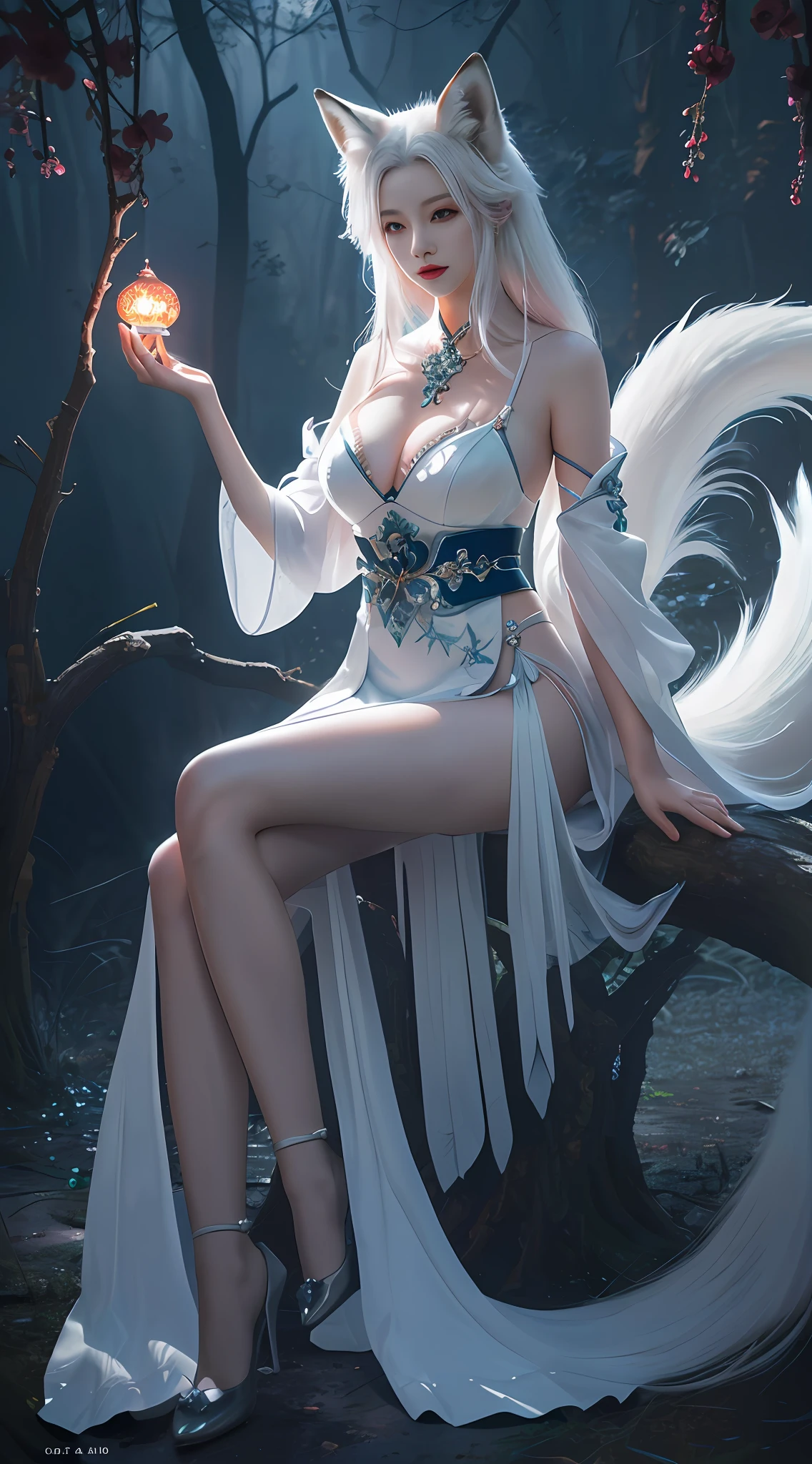 tmasterpiece，beautifuldetails，extremely colorful，Exquisite details，Delicate lips，The details are complex，Realiy，Ultra photo realsisim，A girl with a white-haired fox sitting on a branch：1.1，Large breasts，Raised sexy，seductiv，ethereal fox，nine tail fox，Fox three-tailed fox，Onmyoji detailed art，Nine Tails，a beautiful artwork illustration，mythological creatures，red fox，Beautiful digital artwork，Exquisite digital illustration，mizutsune , Inspired by the mythical creature wildnet，Digital art on Pixiv，strong lights，hight contrast，Horror movie theme，Dark atmosphere，The art of exquisite painting，Perfect visual work。