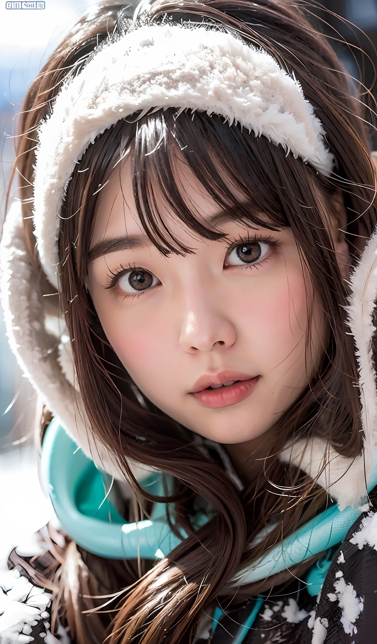1 girl、snow mountains、snow board、Halfpipe、years、Kojiri、smallunderboob、(a closeup)、Sweat glows、(A detailed face)、Medium Hair、Colorful top and bottom wear that fits the body、slim figure、Fluid movement、Moment of jump、evening、Expressing the dynamism of snowboarding、Blur the background
