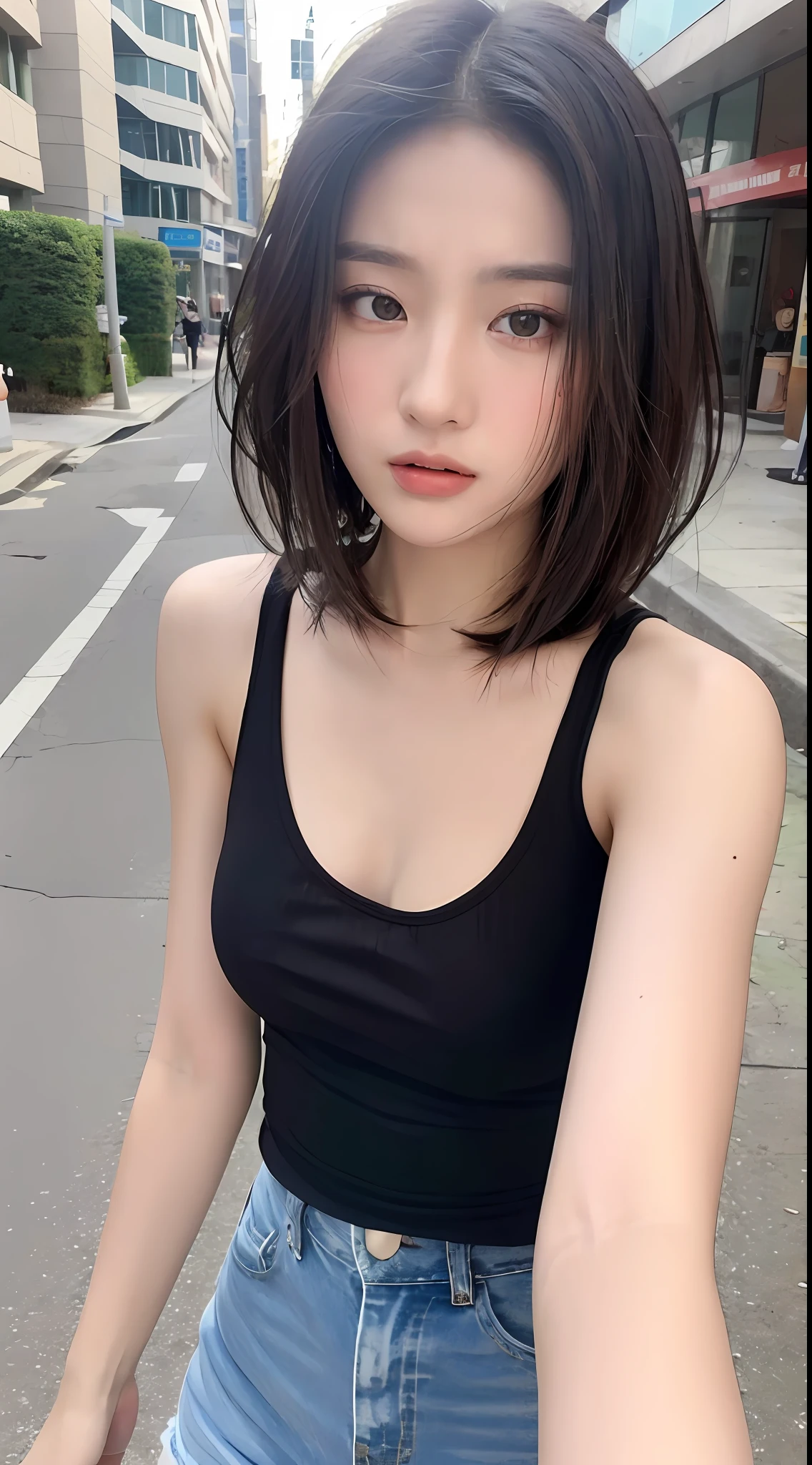 ((Best quality, 8k, Masterpiece :1.3)), Sharp focus:1.2, Perfect Body Beauty:1.4, Slim Abs:1.2, ((Layered hairstyle, teasing expressions:1.2)), (Tank top shirt:1.1), (Street:1.2), Highly detailed face and skin texture, Fine eyes, Double eyelids