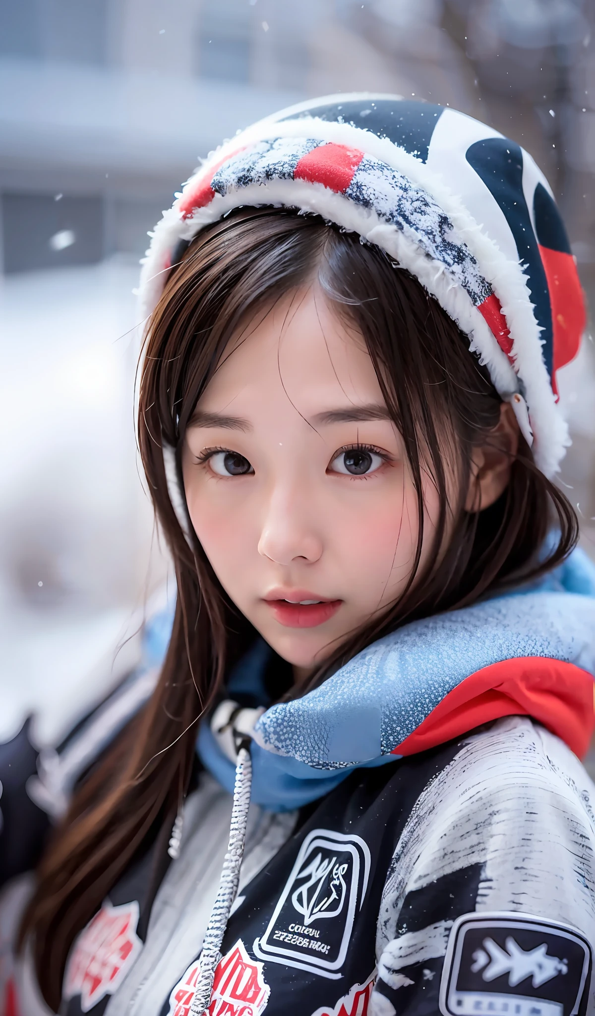 1 girl、snow mountains、snow board、Halfpipe、14years、Kojiri、smallunderboob、(a closeup)、Sweat glows、(A detailed face)、Medium Hair、Colorful top and bottom wear that fits the body、slim figure、Fluid movement、Moment of jump、evening、Expressing the dynamism of snowboarding、Blur the background
