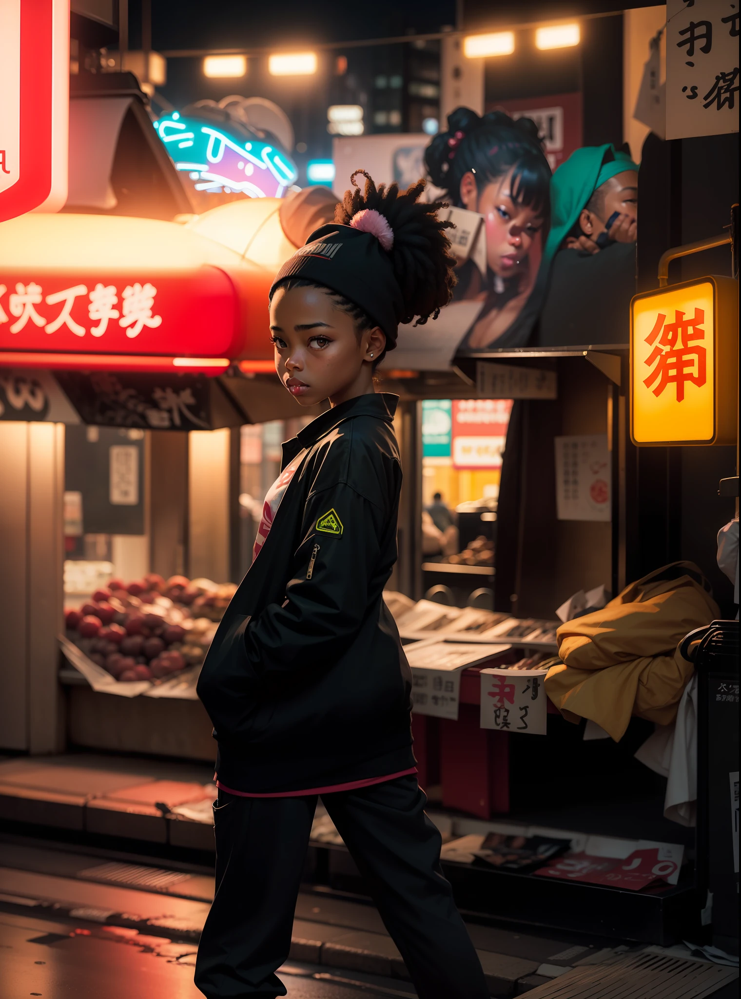 African-American samuray girl on the streets of Tokyo at night surrounded by neon signs