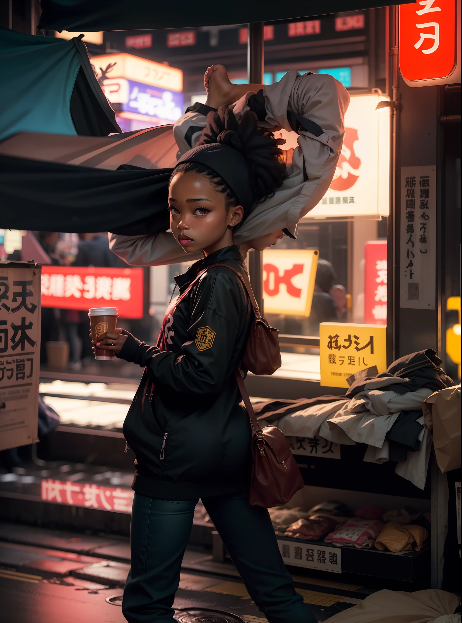 African-American samuray girl on the streets of Tokyo at night surrounded by neon signs