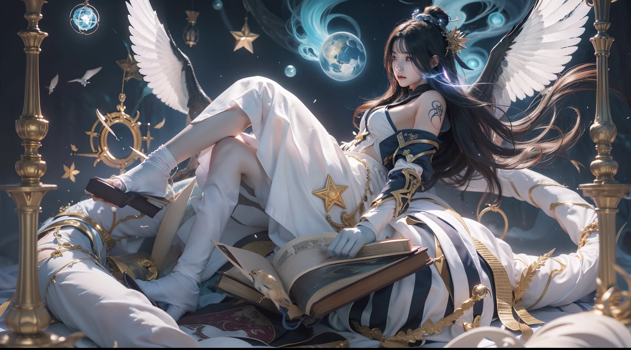 Magic Book,Blood,Night, Dark, (Fantasy),infinite,deep blue sky,The abyss of knowledge,Cowledge,((masutepiece)), (((Best Quality))),((Beautiful fine eyes)),(Eye lashes)、Beautiful girl riding a white tiger、(1人)、Perfect human body structure、Black hair、The long-haired、abyss eyes、glowy skin、oils、small tits、(Bird body、pluma)、Wizard robes、tattered cloth、Realistic coat、Tee、elvish、Super delicate CG Unity 32k wallpaper、masterpiece, ((ultra-detailliert)), ((illustratio)),colourfull,wall-paper,The energy,Unknown terror,Incomprehensible,Around the magic,Magical surroundings,magic wands,Boken,Flying pages,Know everything,Predict the future、Get to know the past、Infinite wisdom、blue flames、Warlock、magic circles、Pentagram、Spells、mantra、Singing magic