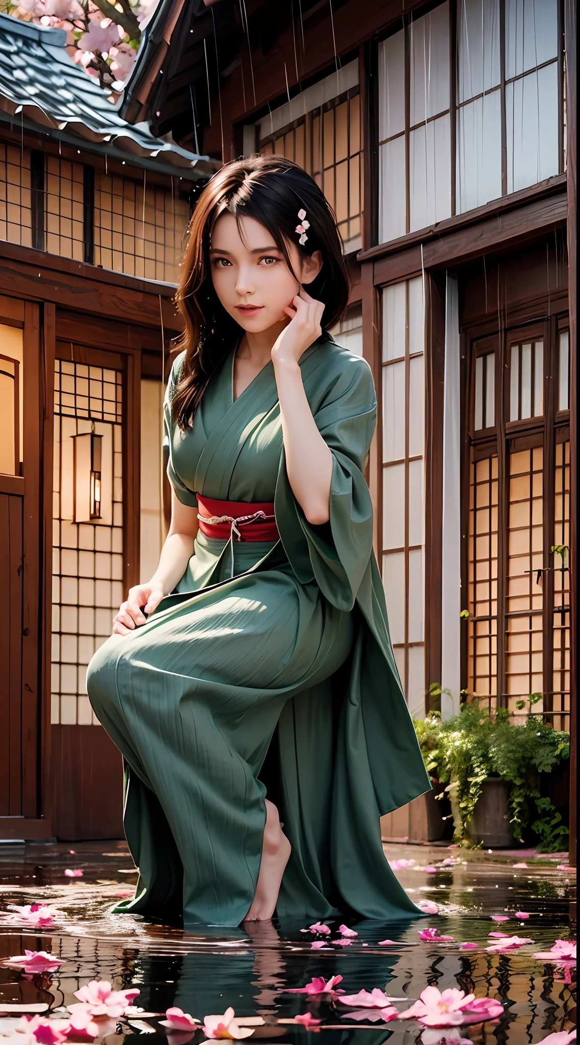 (Masterpiece, high resolution, illustration:1.3),half-body photo, Fascinating schoolgirl, closeup of face,(Flowing russet hair:1.2), Emerald green eyes, (Traditional samurai costume:1.1), Sakura themed kimono, (Dual-wielding katana:1.3), Old stone paved streets, Tokyo in cherry blossom season, (Petals flutter in the rain:1.2), misterious ambience, (illuminated lanterns:1.1), Comfortable storefront, Traditional wooden house, (Tranquil water reflection:1.2), pensive expression, tranquil ambiance, Gentle raindrops, Diagonal composition, Top-down perspective, Fantastic color scheme, Poetic storytelling.
