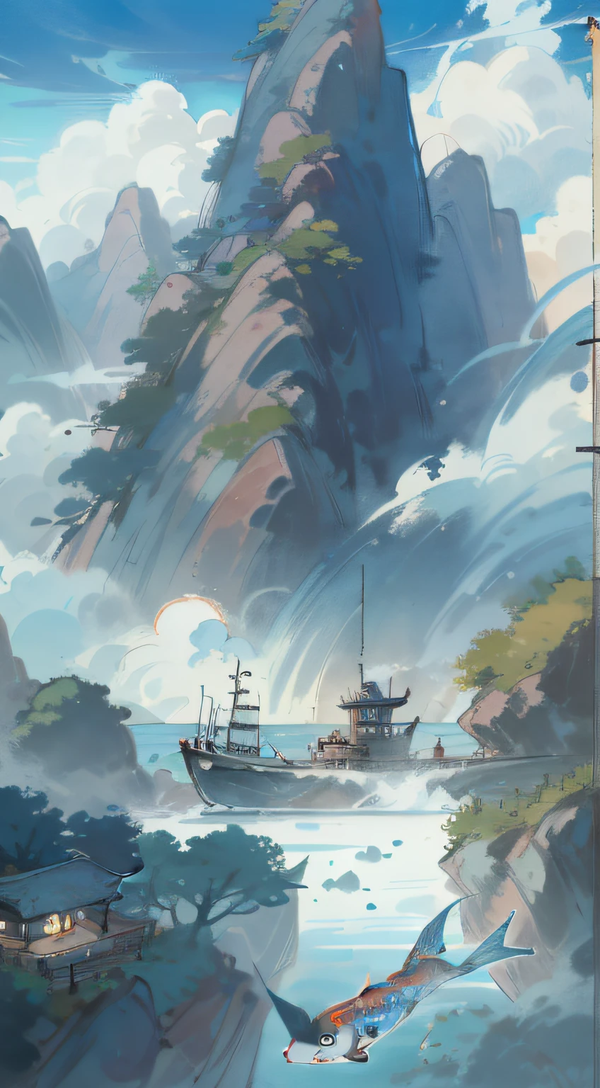 16K,DR,Chinese classicism,Boating on the blue lake,Stir up slow ripples,One person sits on the edge of the stern,Hood cap,No face,Feet touching the surface of the water,The small stove around me burns the smoke of the circle,The sky is dotted with white clouds, but very light,The mountains in the distance are endless,A thousand miles away,Birds soar through the air,Fish playing in the water should still be visible,The water is clear,Top-down view of the mountain,The picture is beautiful。