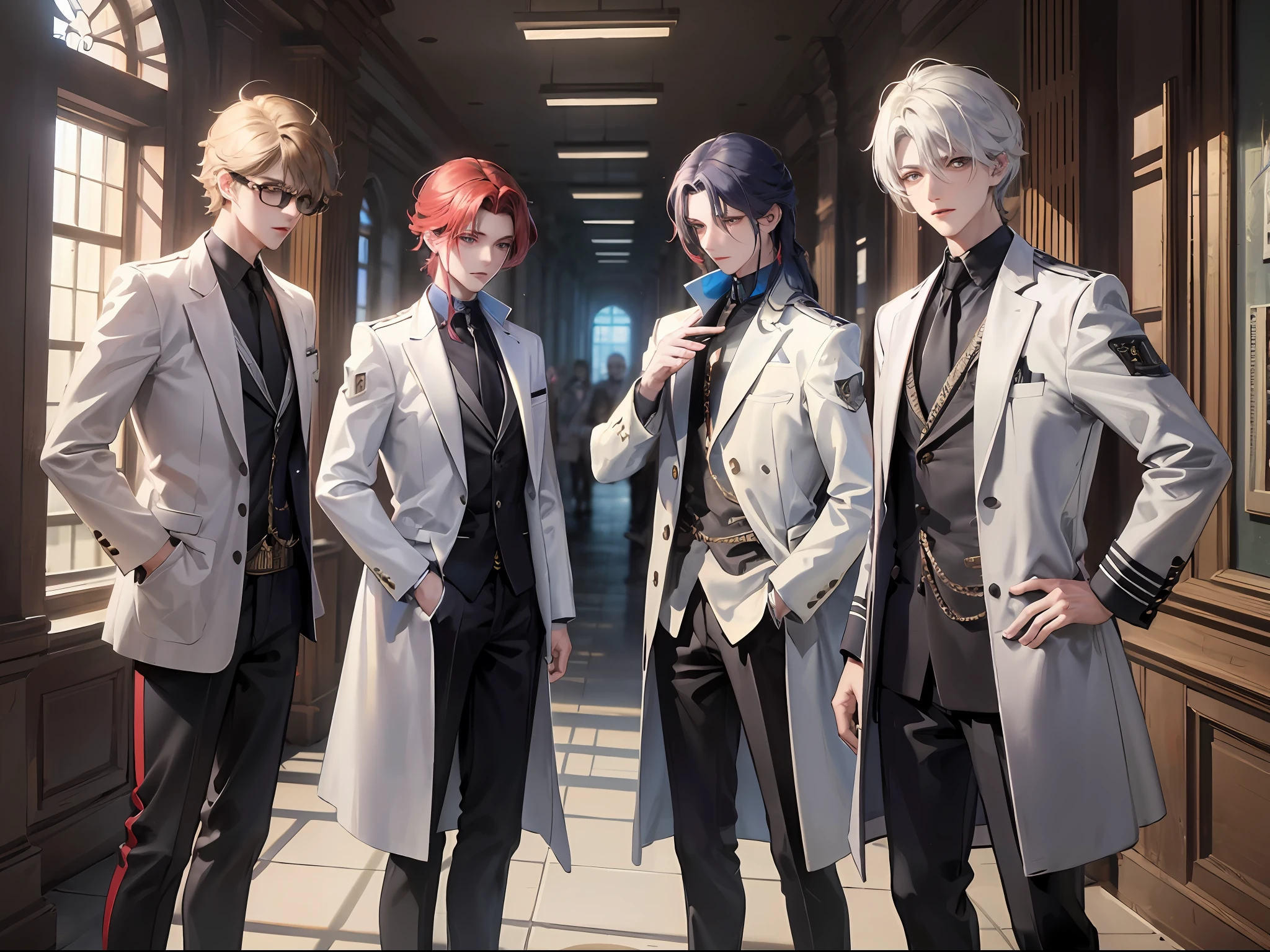 (k hd、Ultra-fine CG picture，Best picture quality、Fidelity)、(Best light and shadow effects，Very delicate and beautiful)、Four men with different colored hair，mtu