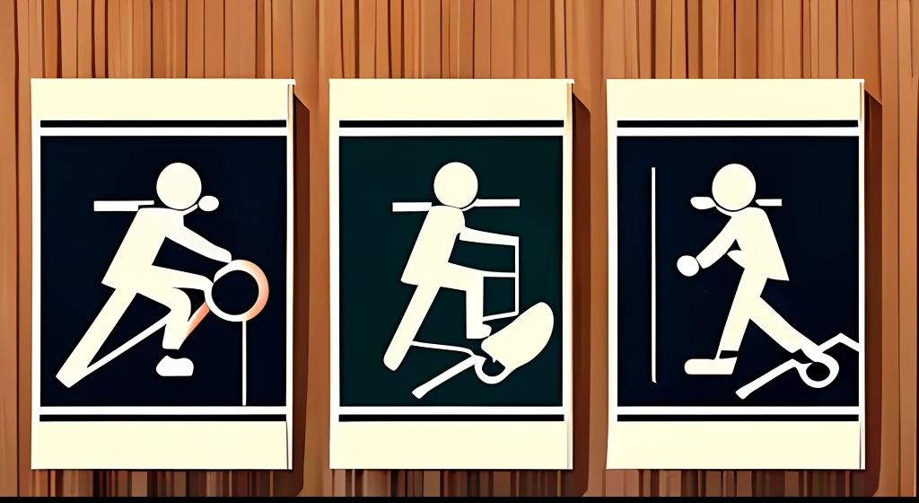 Three people in motion, One plays badminton, One plays basketball, A skateboard, Look up,Flat art style,cartoon character,Only the face has no facial features --auto