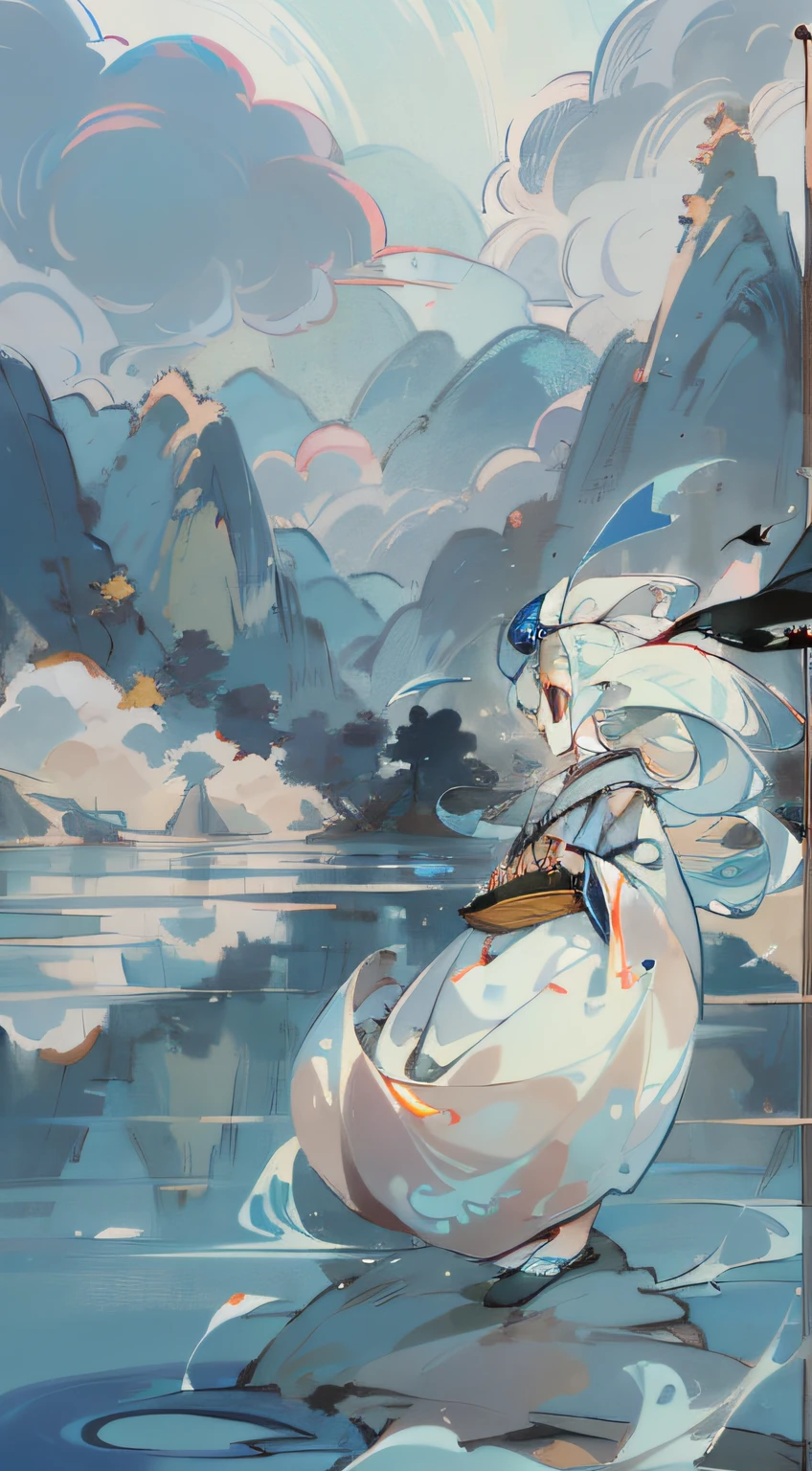 16K,DR,Chinese classicism,Boating on the blue lake,Stir up slow ripples,One person sits on the edge of the stern,Hood cap,No face,Feet touching the surface of the water,The small stove around me burns the smoke of the circle,The sky is dotted with white clouds, but very light,The mountains in the distance are endless,A thousand miles away,Birds soar through the air,Fish playing in the water should still be visible,The water is clear,Top-down view of the mountain,The picture is beautiful。