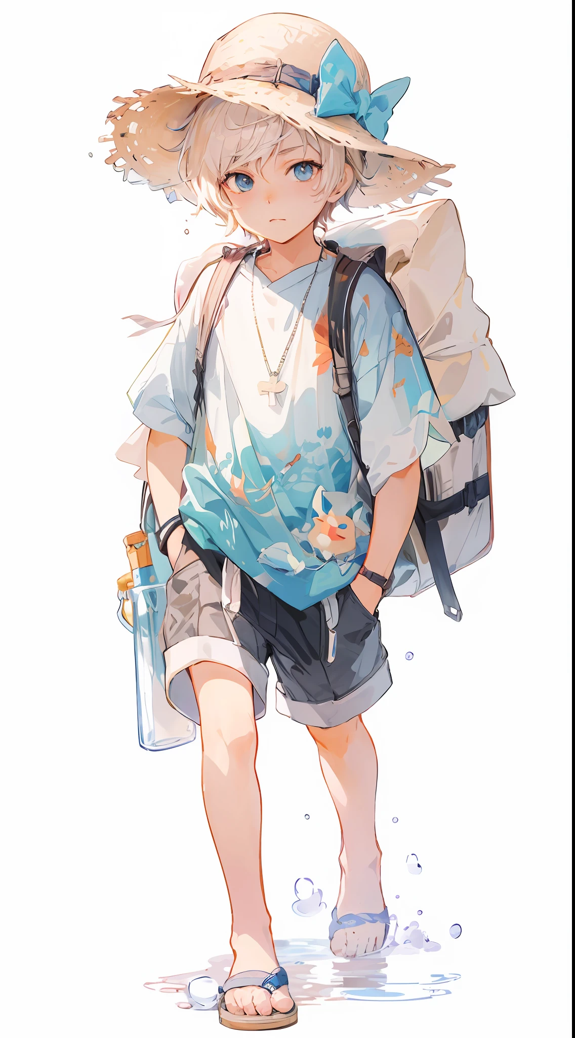 Anime boy in backpack and hat standing in water, full body portrait of a short!, guweiz, by Shitao, anime full body illustration, artwork in the style of guweiz, Anime Boy, style of makoto shinkai, Style Anime, by Yang J, by Kamagurka, detailed anime character art, by Ryan Yee