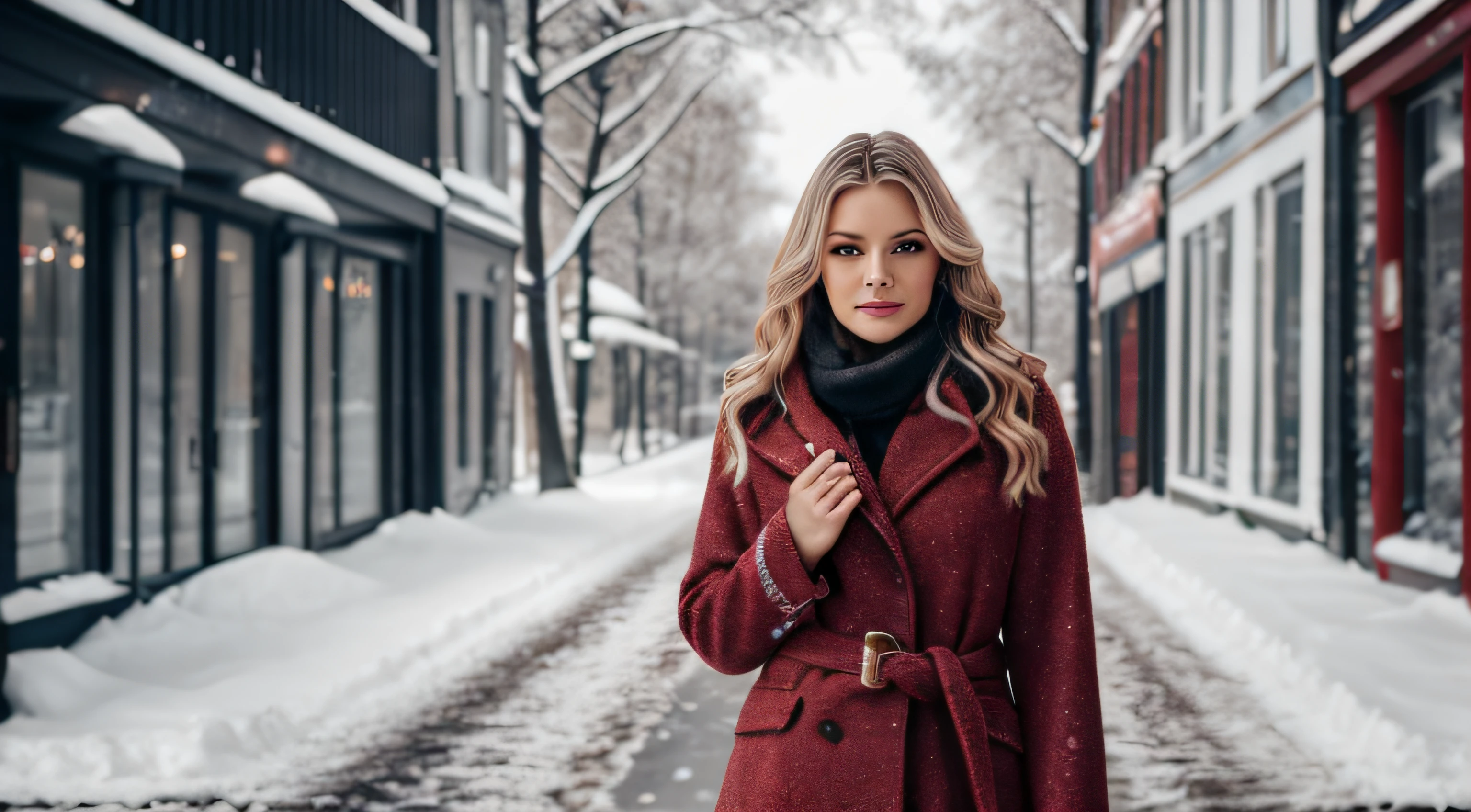backlighting professional portrait photograph of a gorgeous Norwegian girl in winter clothing with long wavy white hair, sultry flirty look, (freckles:0.5), gorgeous symmetrical face, cute natural makeup, wearing elegant red winter fashion clothing, standing outside in snowy city street