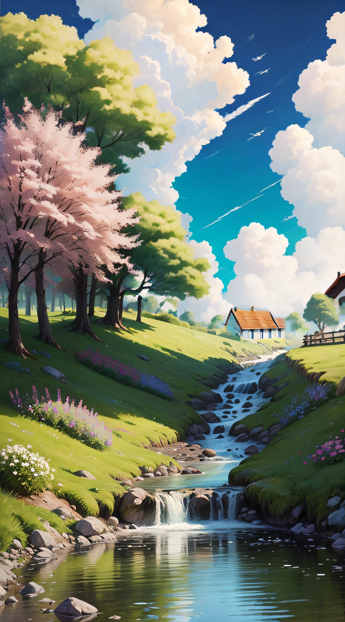 A painting of a stream running through a lush green field - SeaArt AI