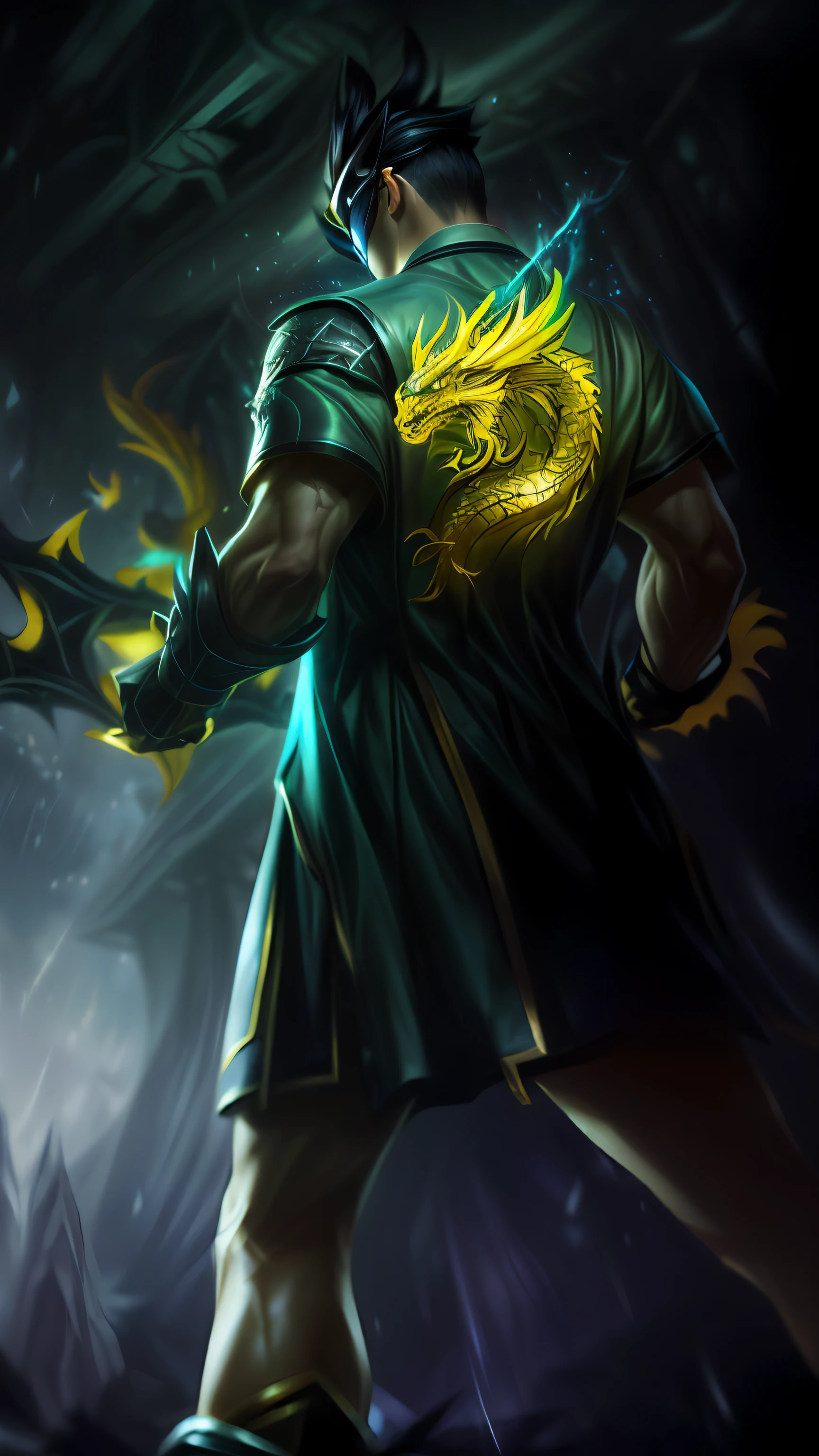 There was a man holding a glowing yellow object in his hand。。。。。, Splash Art, Riot game concept art, inspired by Li Kan, arcane jayce, Official Splash Art, inspired by Yi Insang, Inspired by Huang Shen, League of Legends concept art, iconic character splash art, league of legends arcane, character splash art, Inspired by Hu Zaobin,((The back of the dress has a yellow dragon pattern)),rainwater,There is light on the hand,((Lunette de soleil)),Roll up your sleeves,dark stormy clouds,salama,((Turn Back)),((With sunglasses))