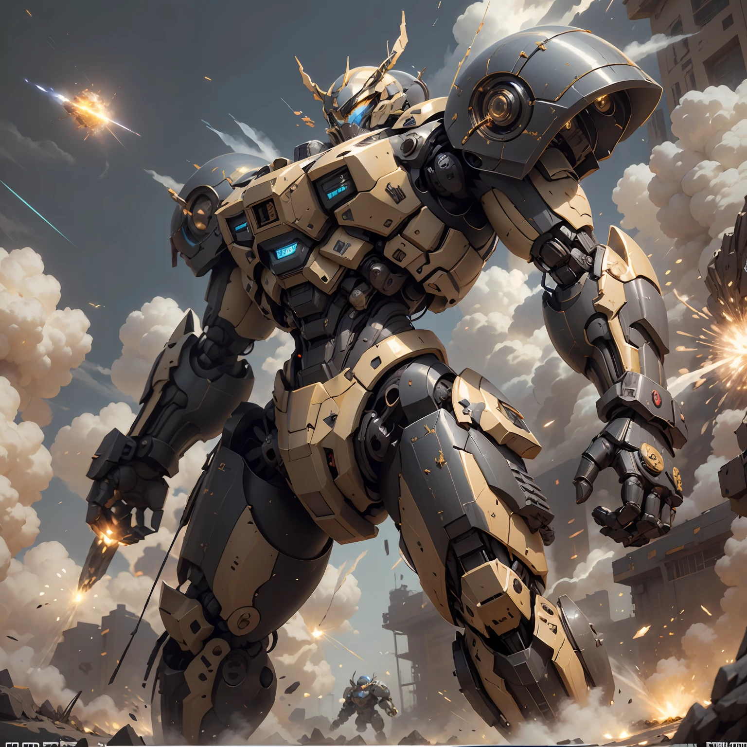 ((tmasterpiece)),Transformers,hornet,Robot de combat,Battle instant,Mecha destruction,Mecha damaged,China-style,Machine armour wind,mechanical sense,sense of strength,Sense of space,(Heavy armor:1.4),(extremaly detailed cg),mechs,Two robots fight,combat scene,future-tech,Colorful picture,Explosion scene,Mechs attack each other,(of a real:1.4),(best qualtiy) ,(ultra-definition), (Ultra photo realsisim),golden colored、blue colors,sense of science and technology,The prominent structure is reasonable