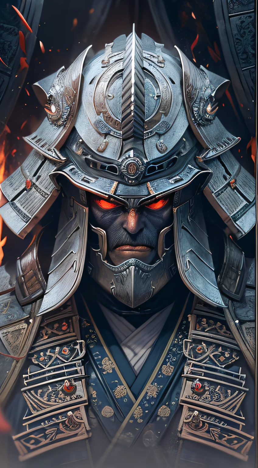 tmasterpiece， best qualtiy， 1 man， Samurai armor， Helmet ghost evil mask， iintricate， Decorations detailed， cool colours，low-saturation，Nero, white and gray tones，  egypician detail， highly intricate detail， realistic raytraicing， Popular on CGsociety， glowing light eyes， facing at the camera，Fire details，Behind the fire， hyper realistic detailed， portrait full body， Japanese atmosphere， globalillumination， shadowing， rendering by octane， 8K， Super sharp