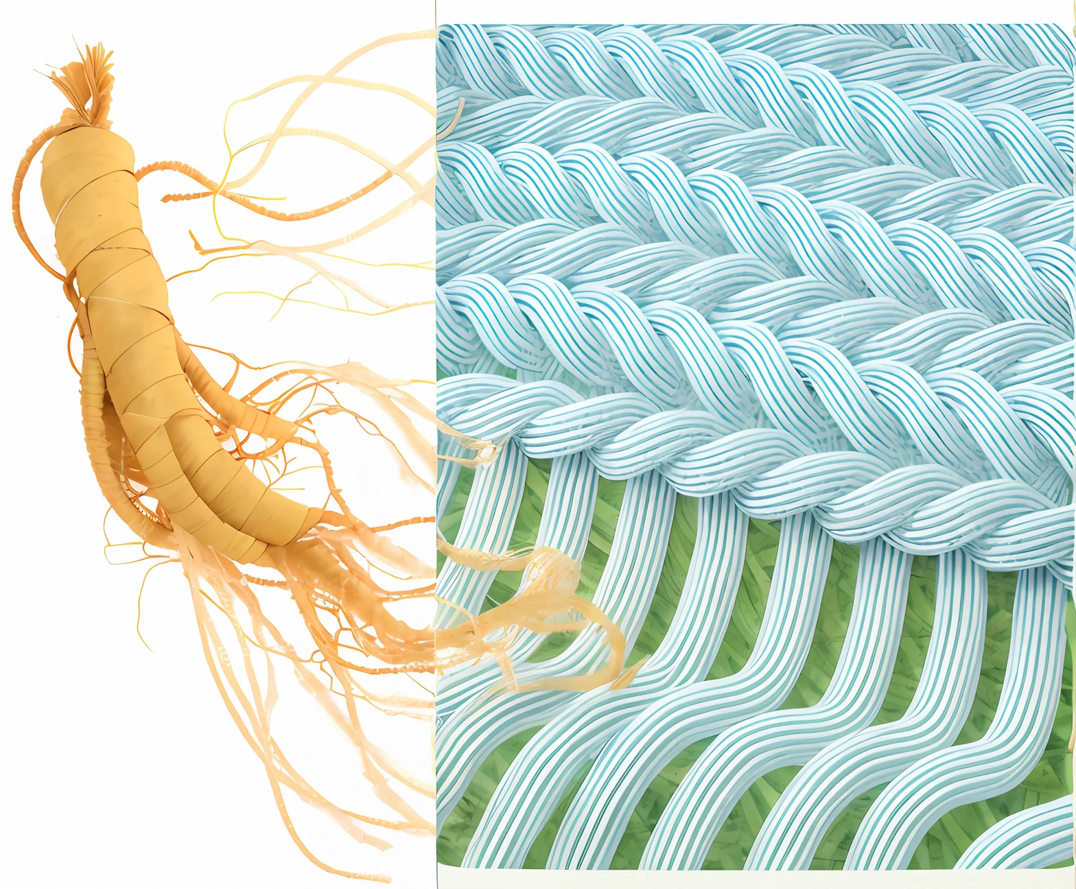 Close-up of Kinix root and blue and green woven fabric, Detailed tangled fibers, Braided with electricity, Reticulated roots, Lizards and tentacles, Intricate waves of pasta, biological illustrations, The cable wire acts as hair, Reticulated roots. closeup cleavage, spaghetti, weave, materpiece, vincent callebaut composition, neuro