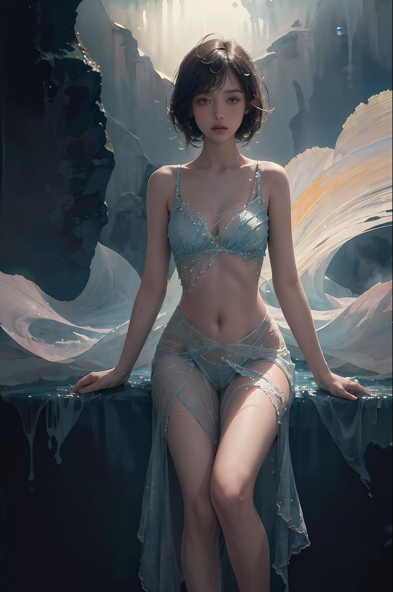 (masterpiece:1.1, highres:1.4) , 24 years girl, watercolor style, (soft blending:1.2) , fluid colors, dreamy washes, delicate textures, organic shapes, atmospheric depth, bubble, limited color,
