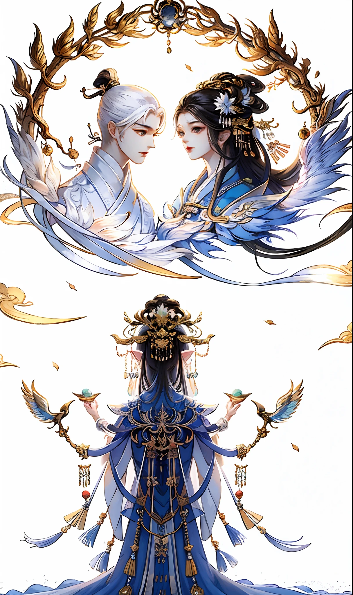 Qixi Festival,Metrendezvous at Magpie Bridge,themoon,bru,A man and a woman look at each other and hold hands, Ancient Chinese clothing, rays of sunshine, Clear face, Clean white background, tmasterpiece, super detailing, Epic composition, hyper HD, high qulity, extremely detaile, offcial art, Uniform 8k wallpaper, super detailing,