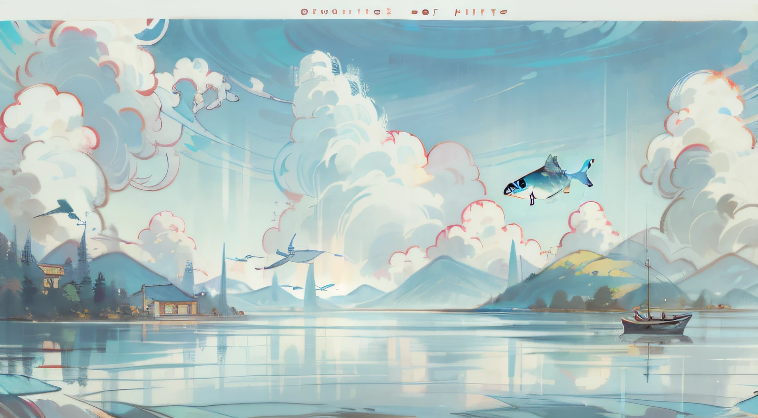 16K,DR,UHD,high details,Chinese classicism,Boating on the blue lake,Stir up slow ripples,One person sits on the edge of the stern,Hood cap,No face,Feet touching the surface of the water,The small stove around me burns the smoke of the circle,The sky is dotted with white clouds, but very light,The mountains in the distance are endless,A thousand miles away,Birds soar through the air,Fish playing in the water should still be visible,The water is clear,Top-down view of the mountain,The picture is beautiful。