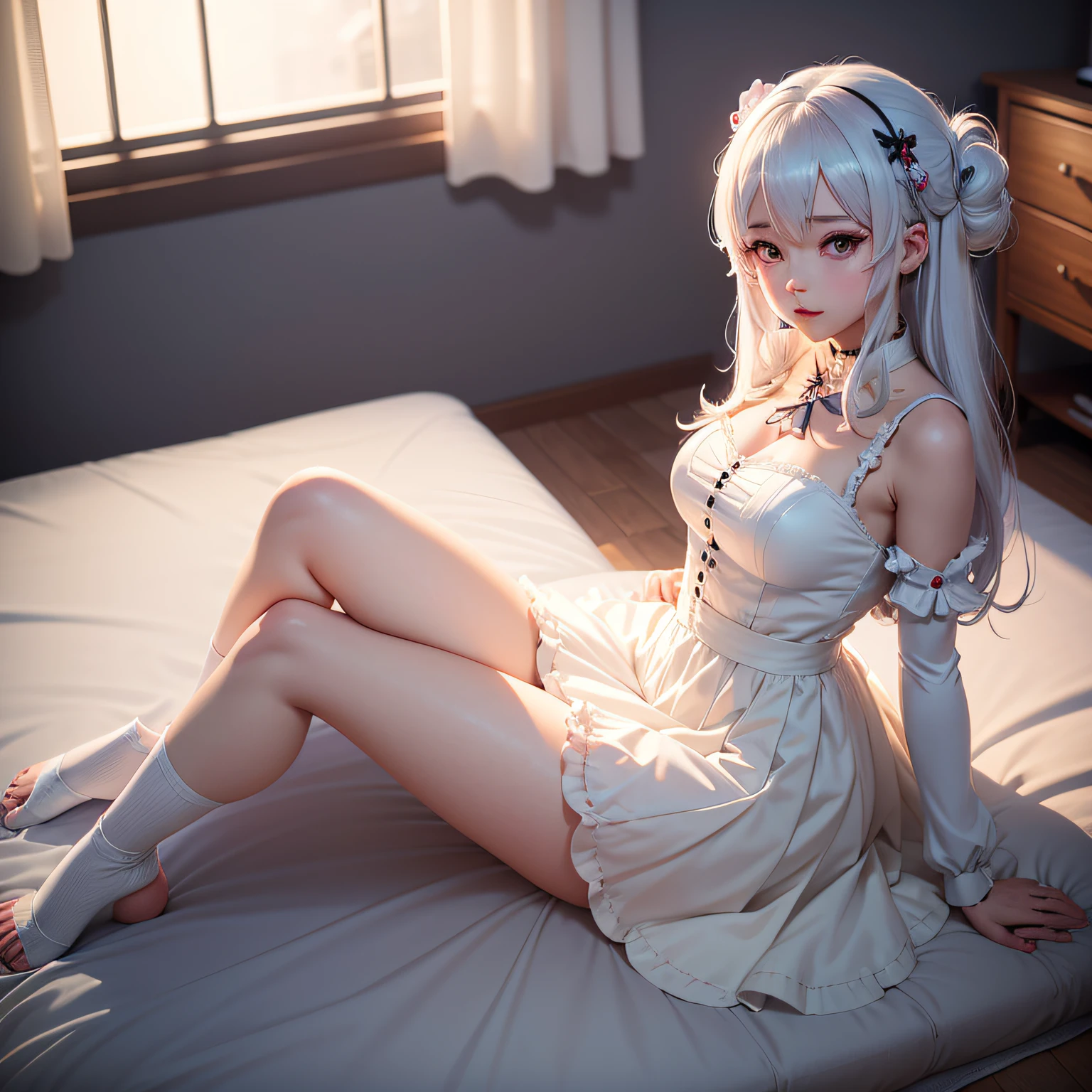 Anime girl sitting in bedroom，white color hair, Anime art wallpaper 8 K, style of anime4 K, cute anime waifu in a nice dress, Anime art wallpaper 4k, Anime art wallpaper 4 K, Guweiz in Pixiv ArtStation, 4K anime wallpaper, Guweiz on ArtStation Pixiv, Loli --auto