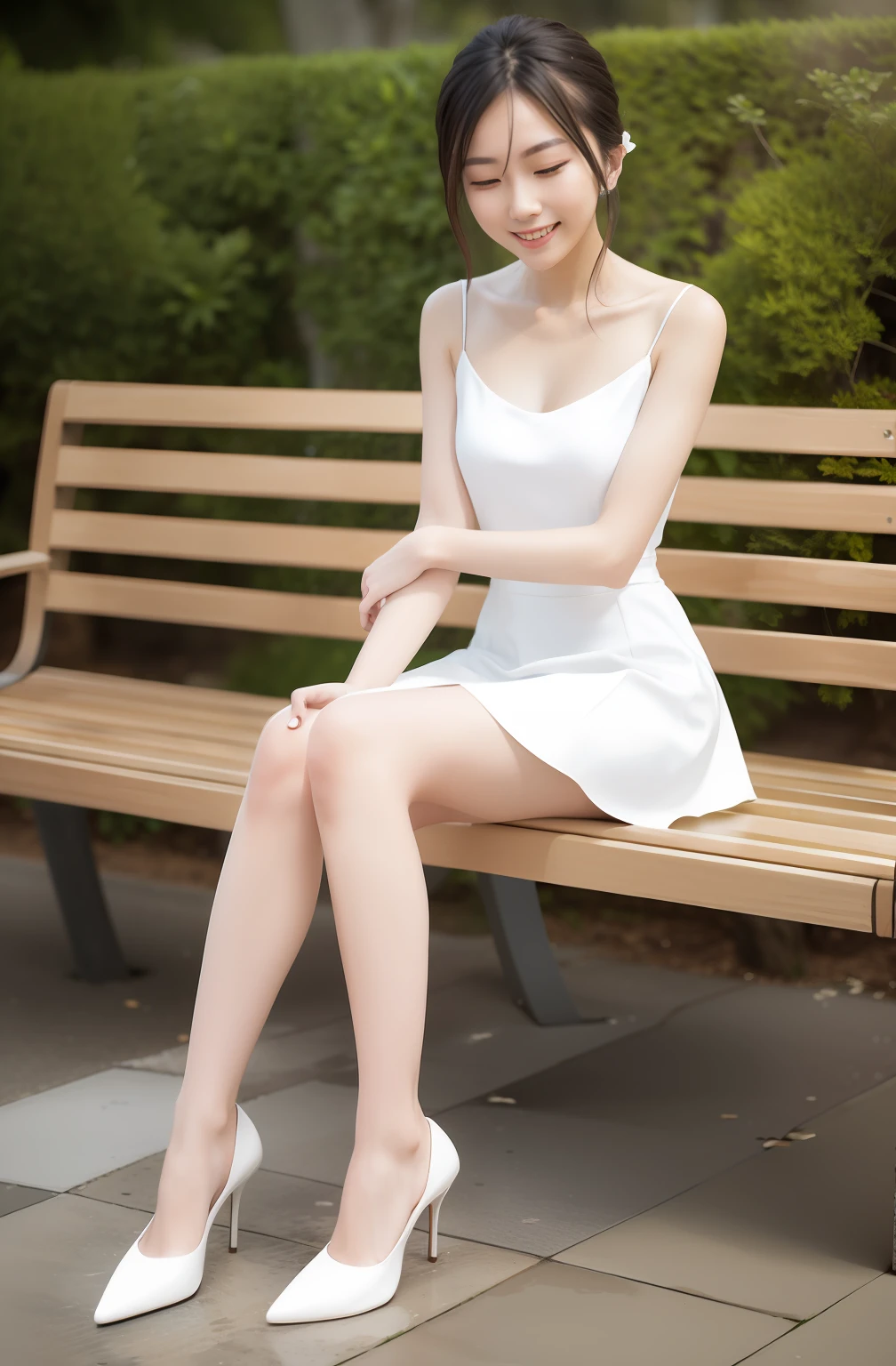 Woman in white dress sitting on a bench in front of bushes, wearing white clothes, wearing white skirt, dressed in a beautiful white, very beautiful slim legs, white skirt and barechest, wearing a wet white short dress, Dressed in white, Beautiful slim legs, gorgeous chinese models, Beautiful legs, cute elegant pose, wearing a cute white dress,Real human skin,high-heels,realskin
