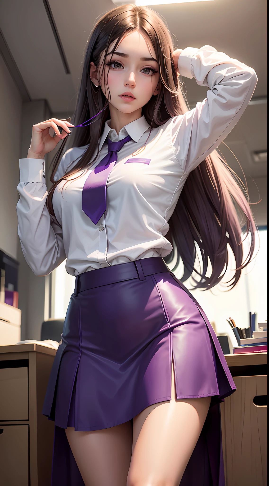 Purple skirt,white skinned,brunette color hair,long whitr hair,office room,Realiy,Need,tmasterpiece --auto