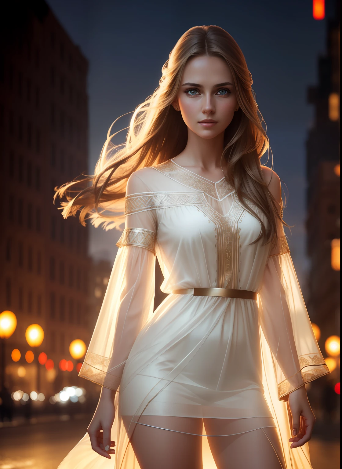 portrait photography, beautiful young woman with transparent western tunic dress, eyes visible through hair, proper eye position, natural skin, backlight, cinematic light, rim light, soft light , hips, in night time, city side background, detailed color graded background, intricate , highly detail, octane render, HD, 8k, by Annie Leibovitz